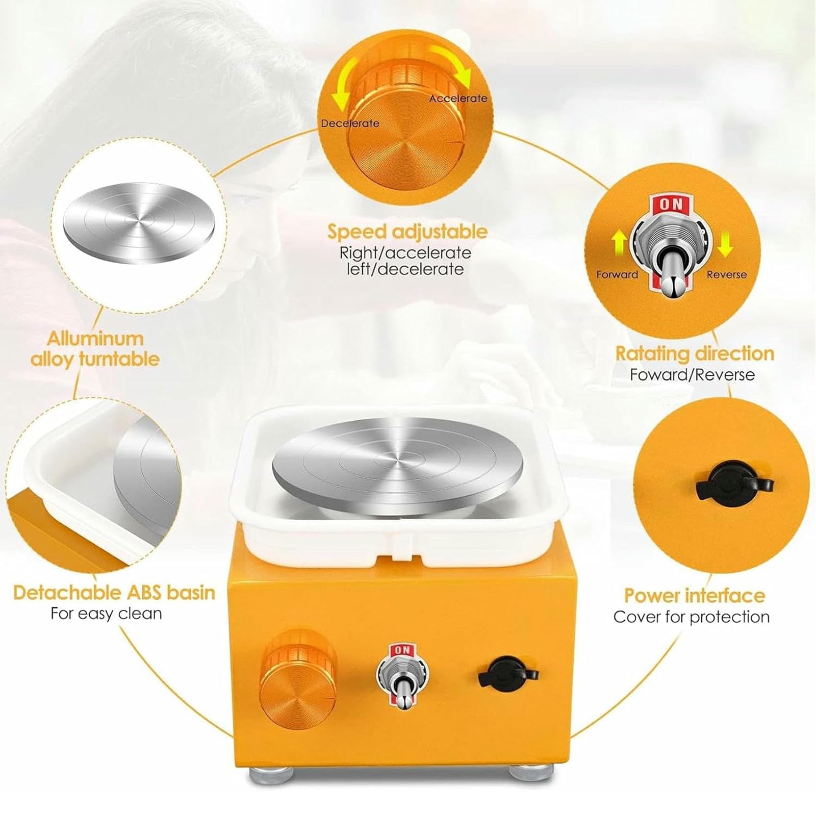 JOSBY Mini-töpferscheibe, Elektrische Töpferscheibe Mit Einstellbarer Geschwindigkeit Und Reversibler Drehrichtung, Abnehmbarem Becken, Aluminium-drehteller