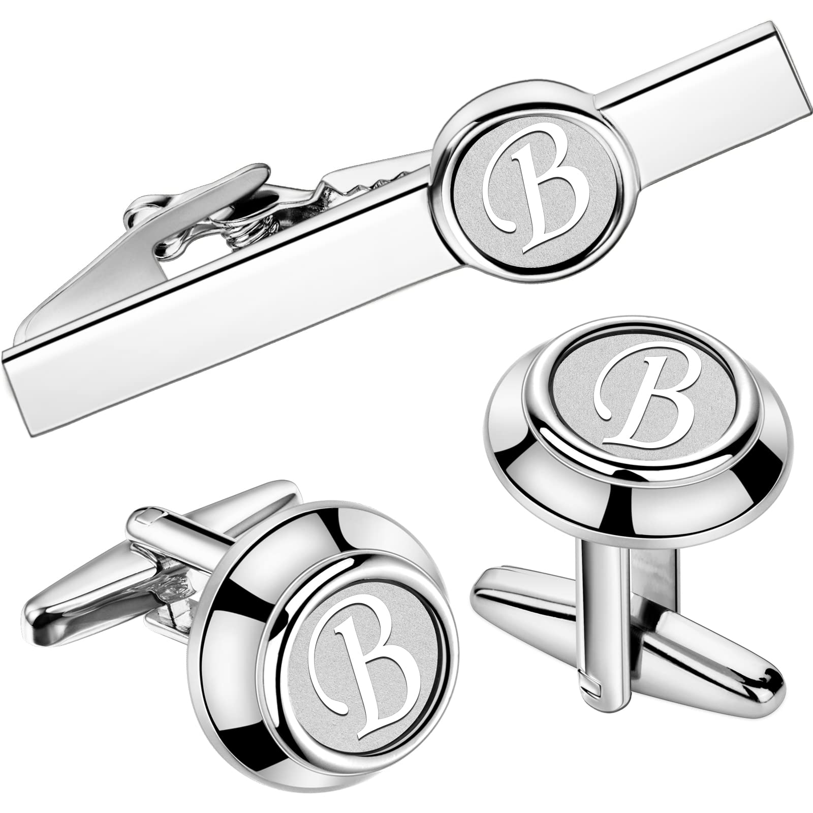 AMITER 26 Letters Tie Clip and Cufflinks for Men, Initial Tie Bar & Cuff Links Set Necktie Clip for Business, Wedding, Anniversary