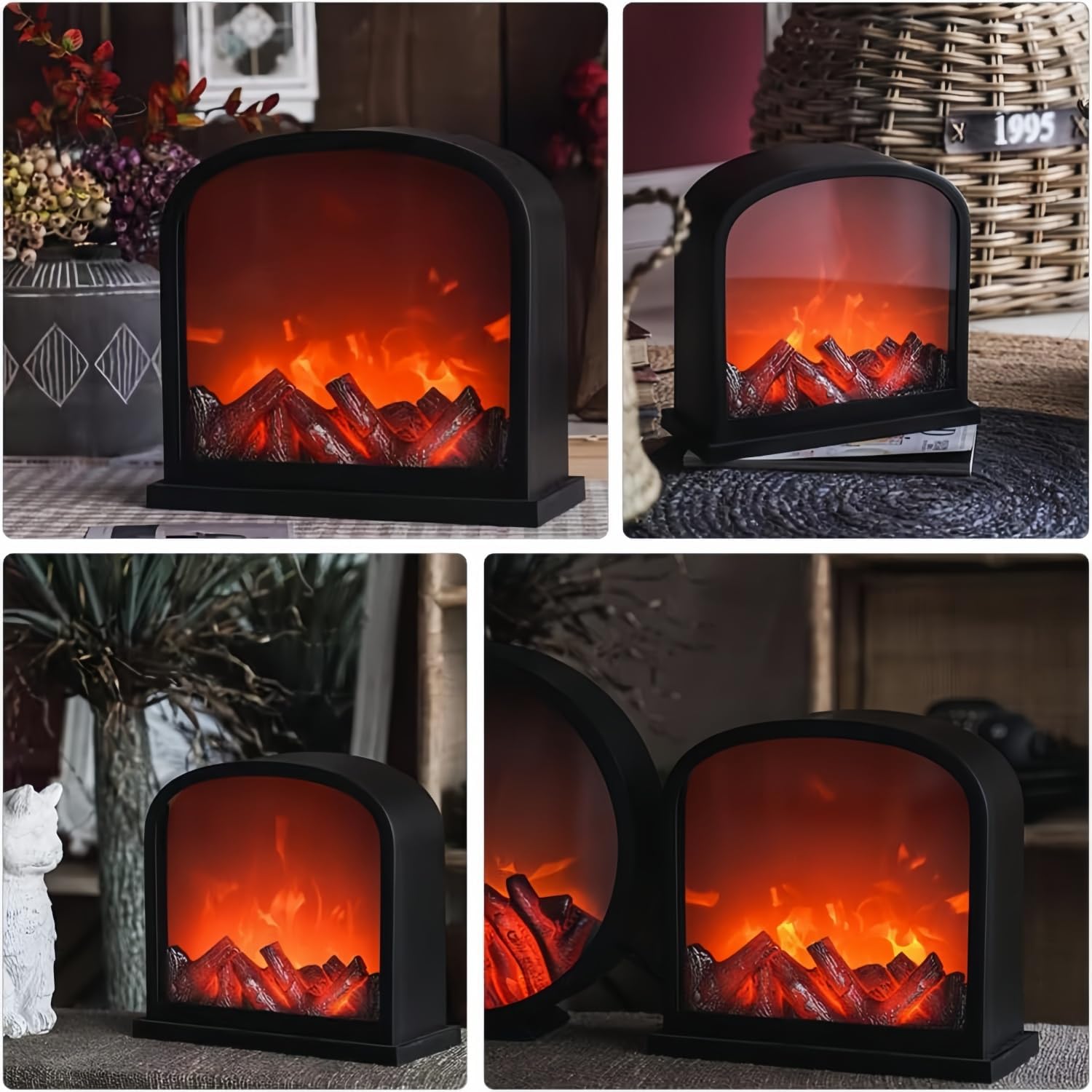 Simulated LED Fireplace Lantern USB & Battery Powered Flameless Light with Simulation Flame Table Decorative Lamp Mini Fireplace Ornament for Cozy Home Decor Free Standing Electric Log Burner
