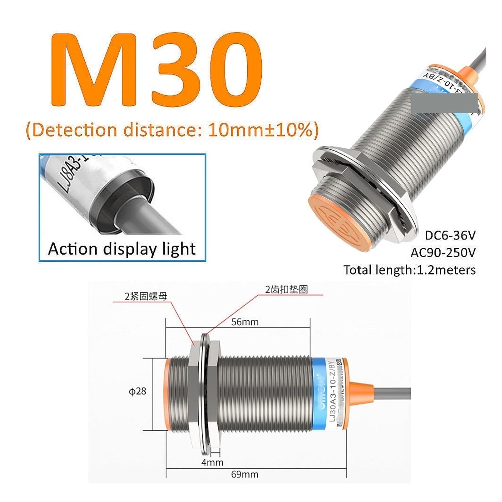 Czujnik zbliżeniowy Indukcyjny czujnik zbliżeniowy Przełącznik M8 M12 M18 30 4 mm DC 12V AC 110V NO NC NPN PNP Wykrywanie DC Typ PNP NO(M30 (osłona), DC PNP NO i NC)