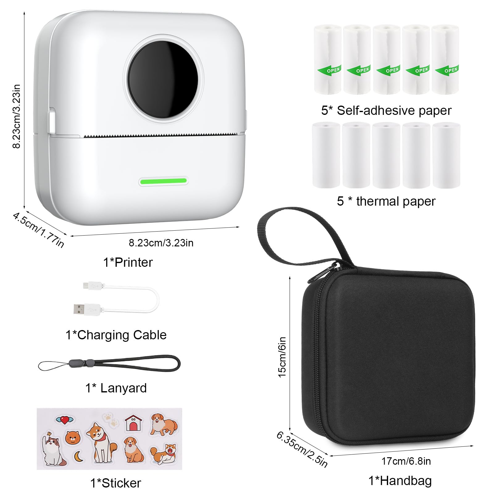 Mini stampante con custodia, mini stampante per etichette, portatile, 10 rotoli, stampante per foto, Bluetooth, stampante termica per assistenza, note di apprendimento, diario, memo (bianco con bag)