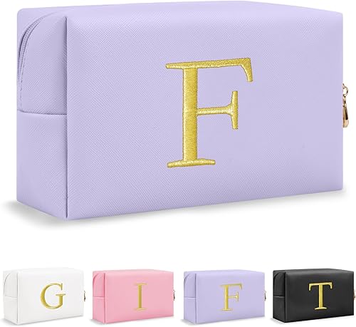 Miniatura 24 de Bolsa de Maquillaje con Inicial de Regalo Personalizado, Bolsa de Cosméticos Preppy con Letra Bordada Dorada, Rellenos de Calcetín para Chicas Blanco