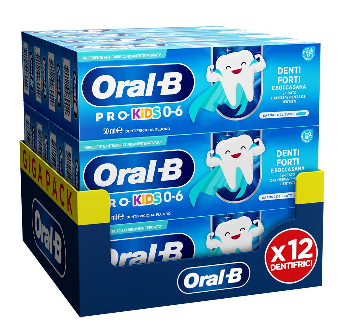 Oral-B Dentifricio Pro Kids 12x50ml, Dentifricio per Bambini da 0 ai 6 anni, Formato Convenienza Denti Forti, Gusto Delicato, Pulizia Denti Efficace