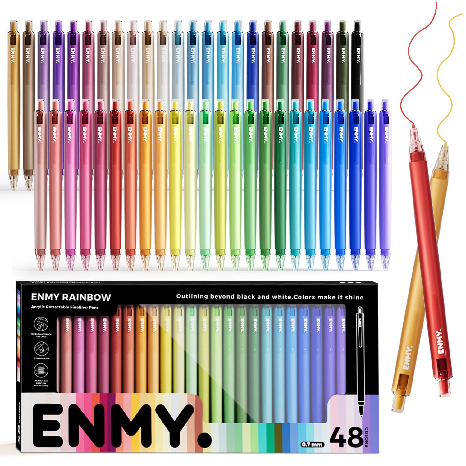 ENMY Fineliner-Gelstifte, 48 Stück, 0,7 mm feine Spitze, einziehbar; farbenfrohe Gelstifte für Konturen, Zeichnungen und Notizen; geschmeidige, wischfeste Kunststifte für Erwachsene und Künstler