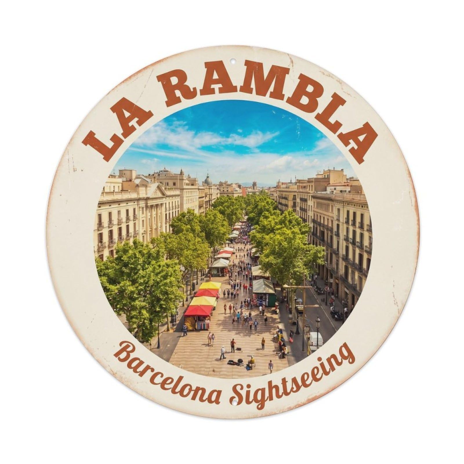 Barcelona La Rambla Sightseeing Vintage Spain Travel City Metal Tin Sign Plaque Wall Decor for Cafe, Man Cave, Club Bar, Office, Home Garden Round Metal Poster 8x8Inch