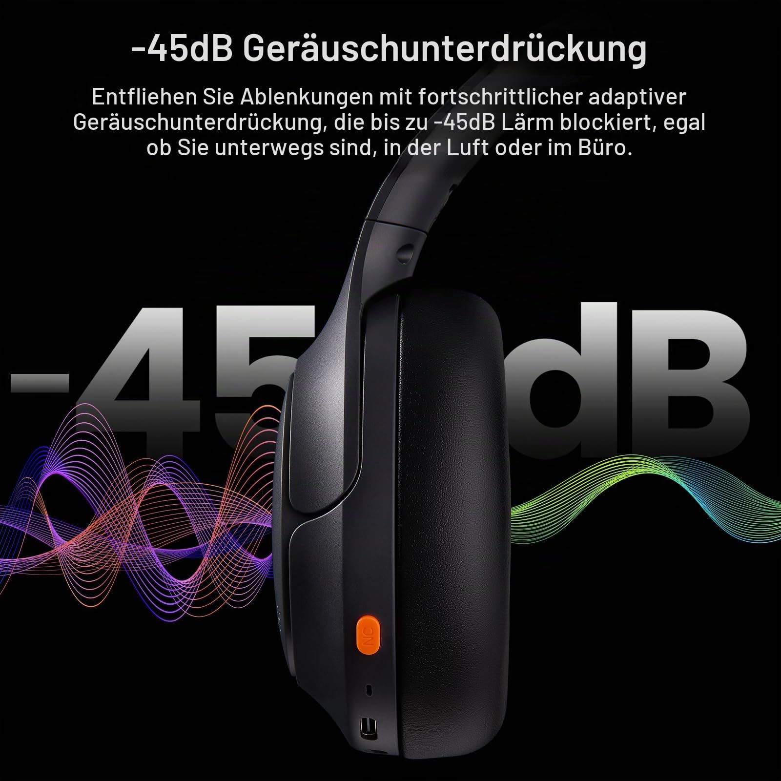 TOZO HT3 Hybrid ANC Over-Ear Kopfhörer Kabellos Bluetooth Hi-Res Audio | 90 Std. Akku, 5 Mikrofone mit KI-ENC, Transparenzmodus, Dual-Geräte-Verbindung, 32 EQ Modi, Spatial Audio, Low-Latency