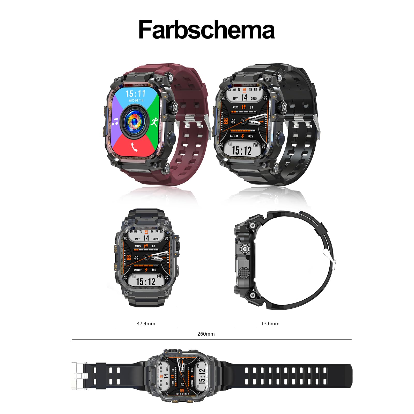 Mingtawn 4G-SIM-Karten-Android-Smartwatch mit GPS & WLAN, Militär-Outdoor-Uhr für Herren, 2,06″ AMOLED-Großbildschirm, HD-Kamera mit 180°-Drehfunktion (Schwarz)