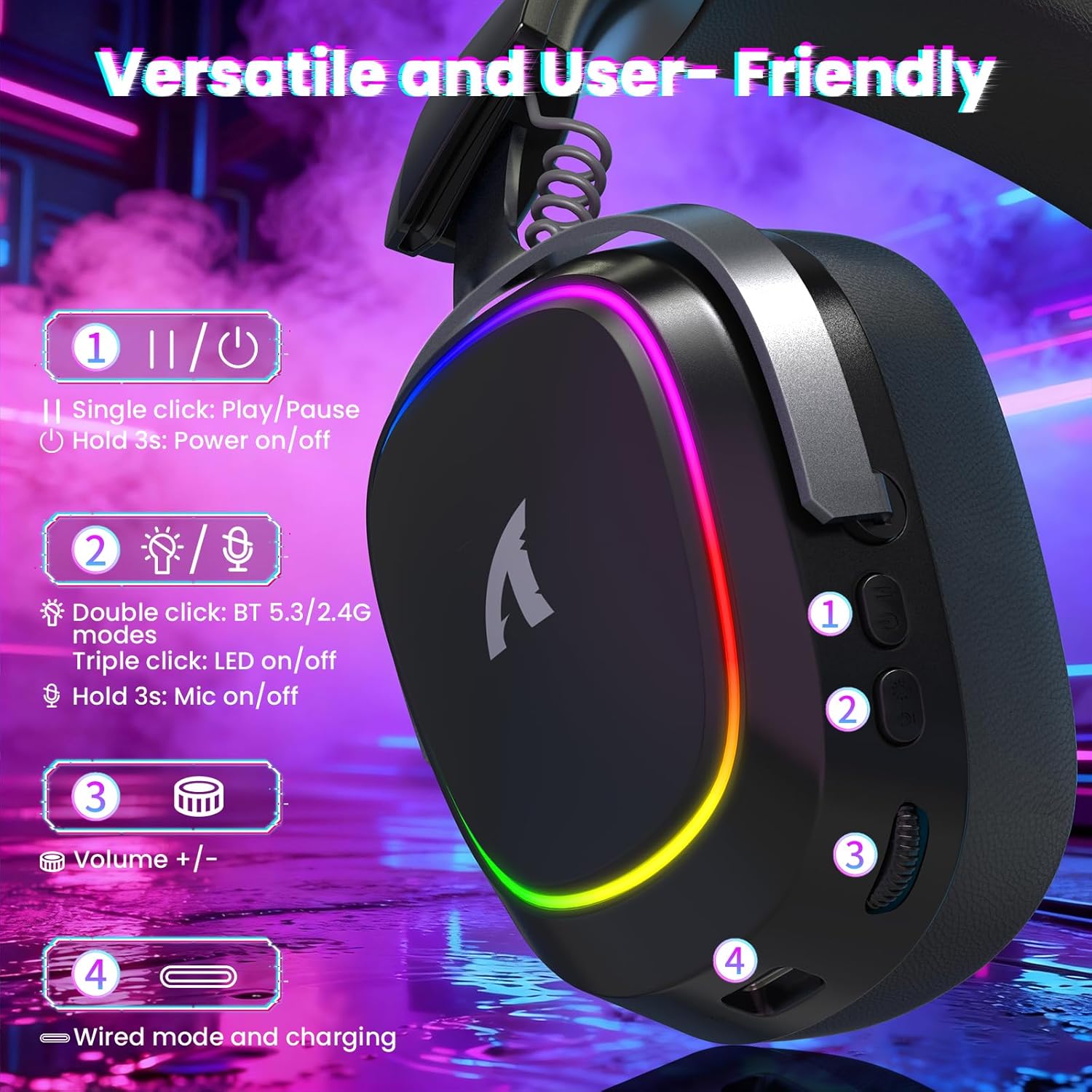 Diagram showing the controls on the left earcup of the ATTACK SHARK G800 headset. Labels include: 1. Play/Pause & Power Button, 2. Mode Switch & LED/Mic Control, 3. Volume Wheel, 4. Wired Mode & Charging Port.