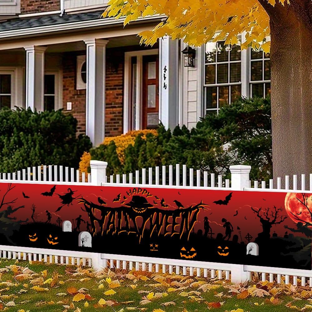 LeDuo 120" x 20"Happy Halloween Banner- Long Halloween Outdoor Decoration Banner Pumpkin Lamp Graveyard Background Orange Party Decoration Supplies for Wall Office Fence Yard Garage Backdrop