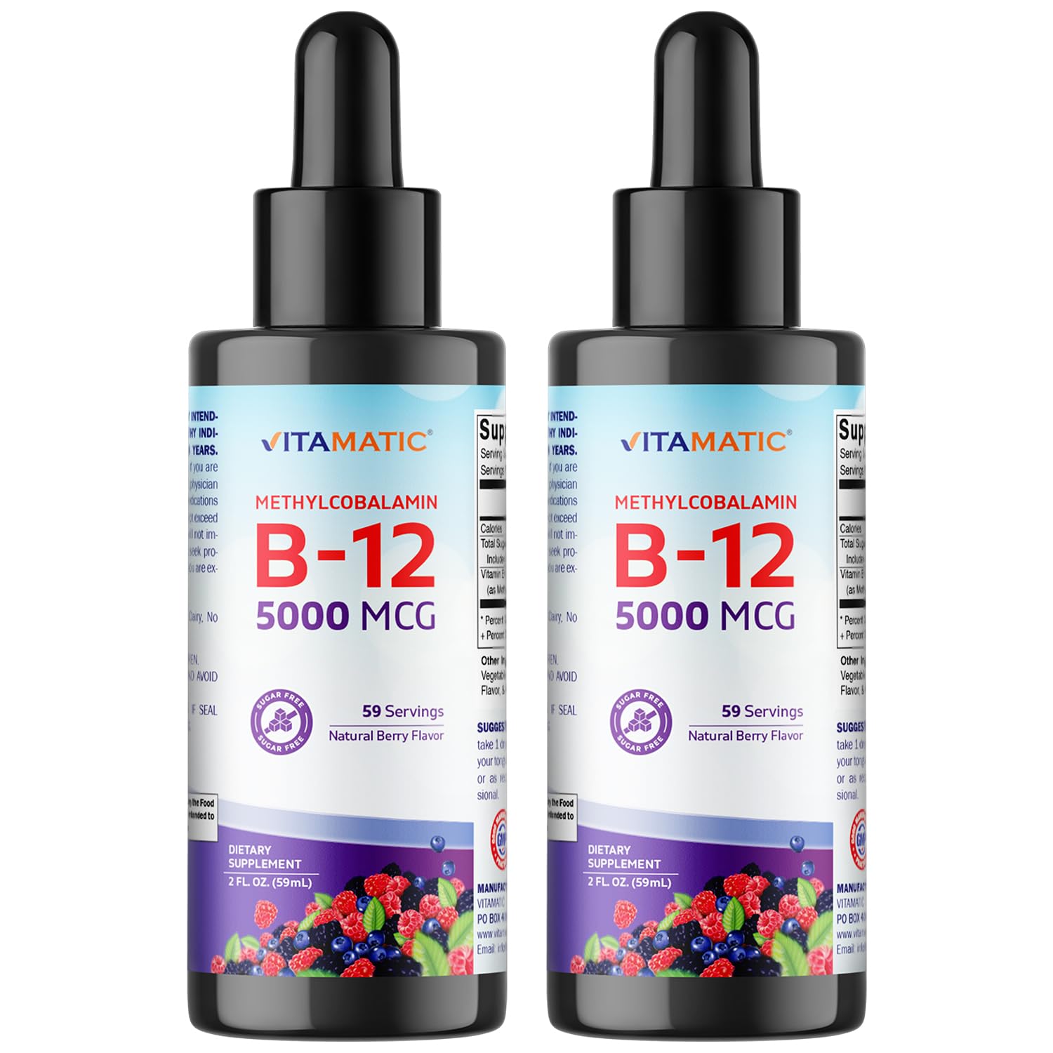 Amazon.com: Vitamatic 2 Packs Fast Acting Liquid Vitamin B12 5000 mcg ( Methylcobalamin) - Natural Berry Flavor - Sublingual Supplement - Faster  Absorption - 2 OZ : Health & Household