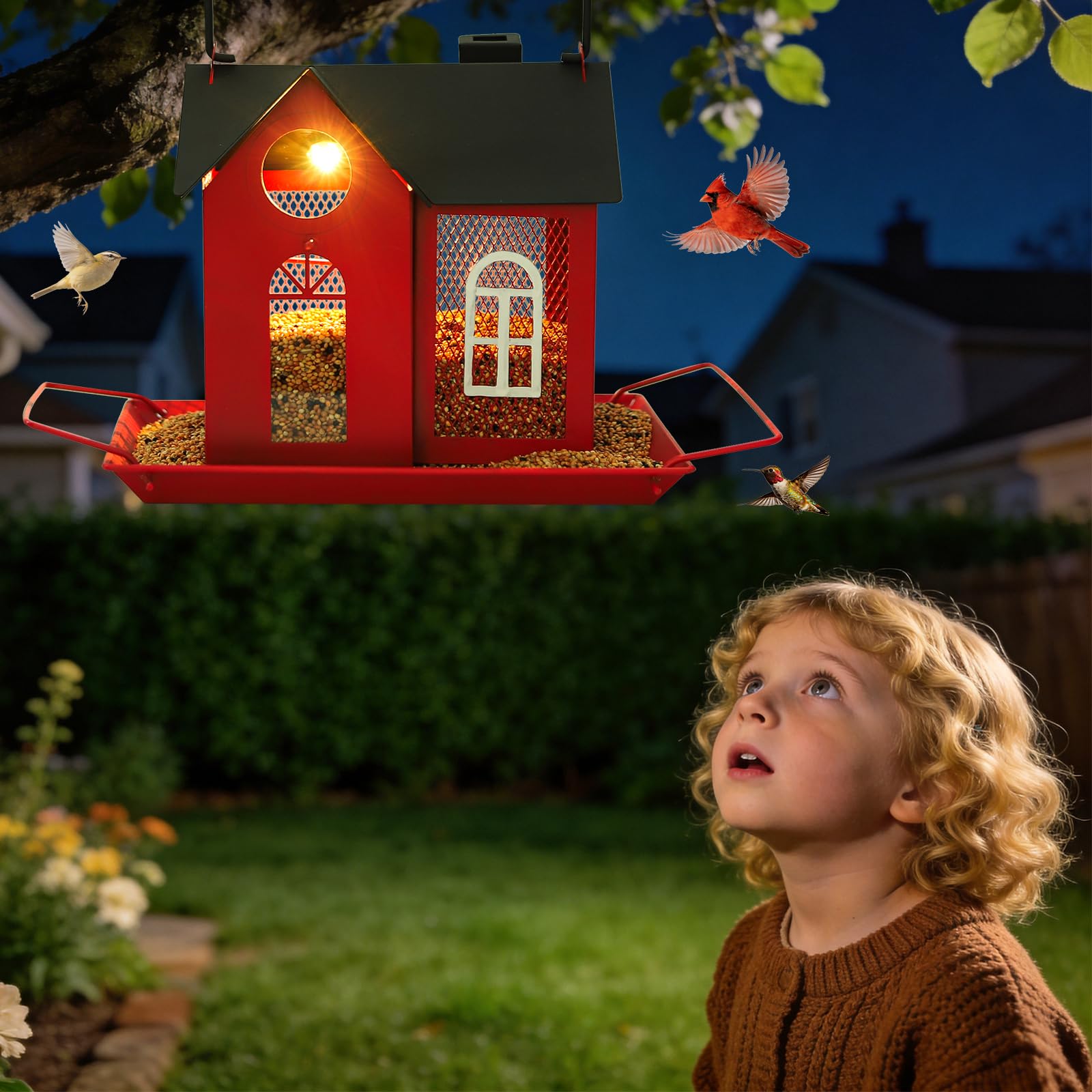 Comedero solar para pájaros para exteriores, comedero colgante de metal rojo con luz solar, comedero decorativo para cardenales, pinzones y pájaros silvestres, decoración de jardín y patio trasero