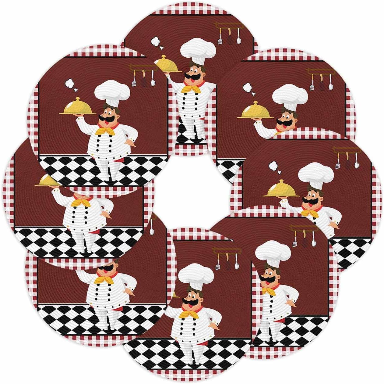 Round Placemats Set of 8 Cartoon Chef Place Mats Washable Woven Placemat Kitchen Gourmet Red Plaid Circle Braided Table Mat for Kitchen Dining Table Party Home Decor 15 Inch