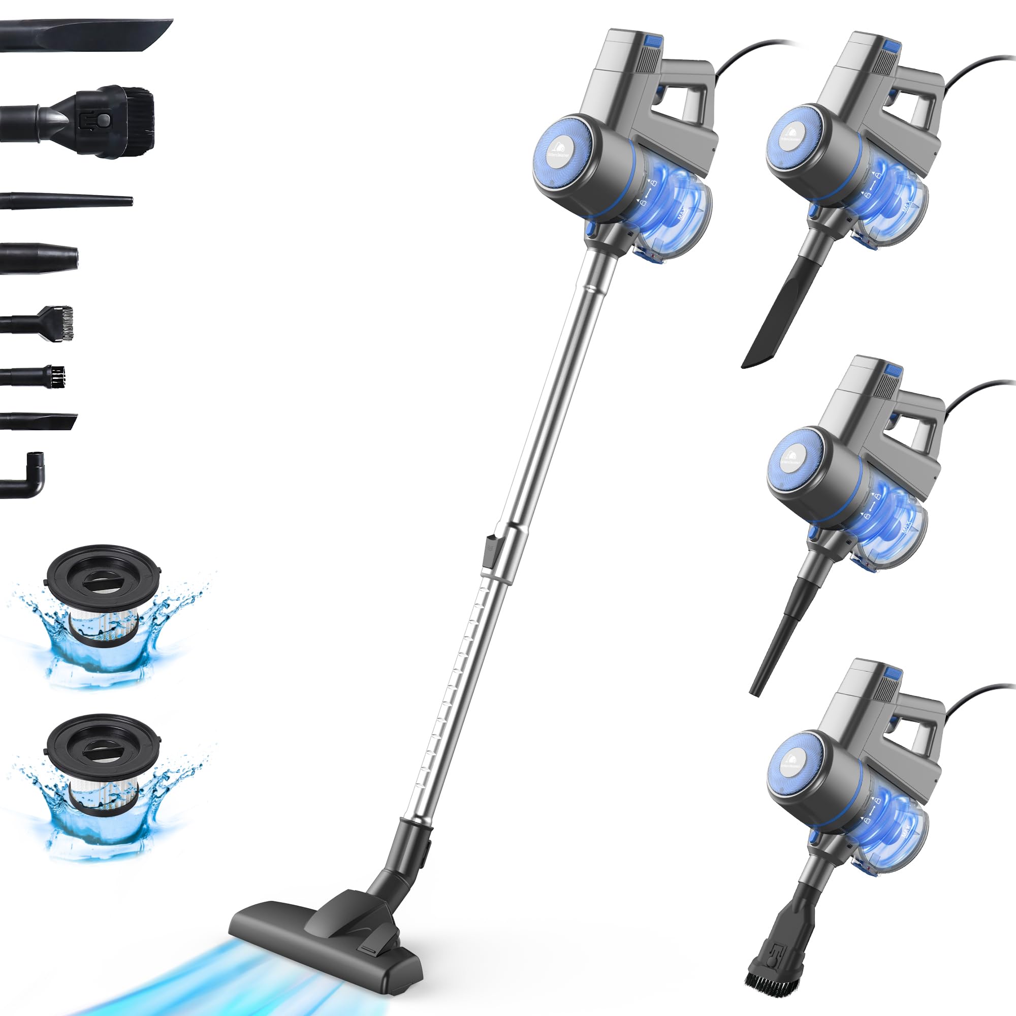 ** Intercleaner Corded Vacuum Cleaner, 17Kpa Powerful Suction, 600W Motor, 10-in-1 Lightweight Bagless Stick Vac with Handheld

**DESCRIPTION:** Experience the ultimate cleaning power with the Intercleaner Corded Vacuum Cleaner. Boasting a powerful 17Kpa suction delivered by a 600W motor, this 10-in-1 multifunctional vacuum is designed to tackle all your cleaning needs. Equipped with various accessories such as a dusting brush, crevice nozzles, and extension wand, this vacuum effortlessly clears debris, dust, and pet hair from hardwood floors, carpets, cars, and more.

With an extra-long 18.7ft cord, you can easily maneuver around your space without the hassle of frequent plug changes. The lightweight and portable design make it ideal for users of all ages, while the handheld vacuum mode allows for quick cleaning of sofas, cars, and other hard-to-reach areas. The large-capacity dust cup and Pro-Max Filtration System ensure thorough cleaning and prevent secondary air pollution.

S