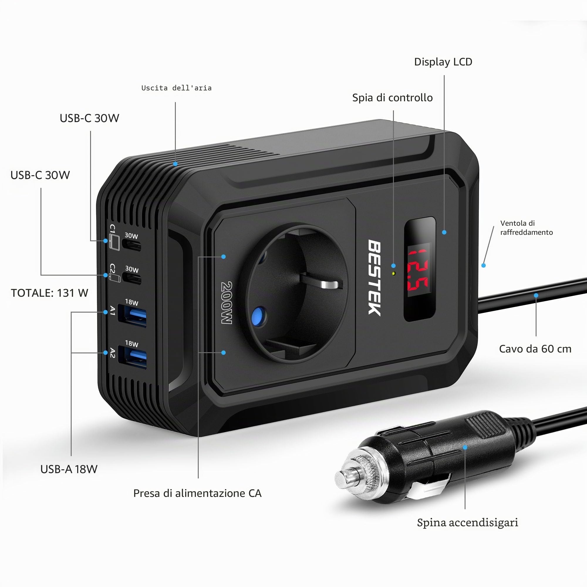 BESTEK 200W Inverter 12v 220v 230V 240V Onda Pura,Inverter Auto con Prese AC 2 USB-C (2*PD 30 W) 2 USB-QC (18 W),Convertitore Potenza per Camper/Barca a Onda Sinusoidale Modificata（Nera）
