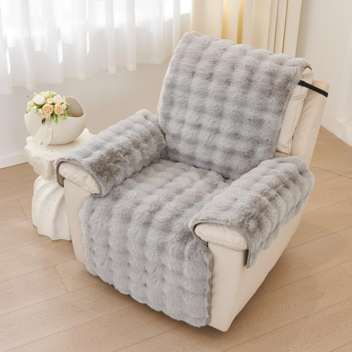 Soft Rabbit Faux Fur Recliner Slipcover, Fluffy Non-Slip Furniture Protector with Headrest Cover, Warm and Cozy Chair Cover for Home Decor Grey Recliner