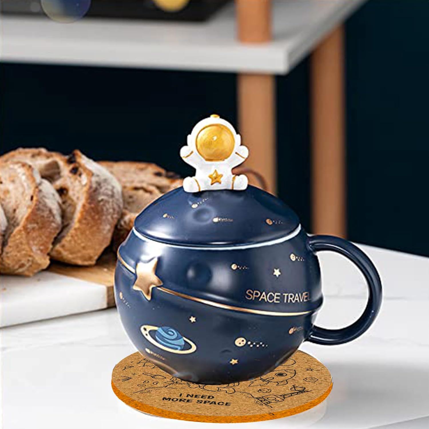 Kawaii Astronaut Cup Space Embossed Planet Mug, Cute Ceramic Coffee Mug, Novelty Mug with Lid and Spoon for Coffee, Tea, Milk, Aesthetic Room Decor Funny Gift for Girl Boy Women (Dark blue) - Image 8
