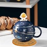 Kawaii Astronaut Cup Space Embossed Planet Mug, Cute Ceramic Coffee Mug, Novelty Mug with Lid and Spoon for Coffee, Tea, Milk, Aesthetic Room Decor Funny Gift for Girl Boy Women (Dark Blue)