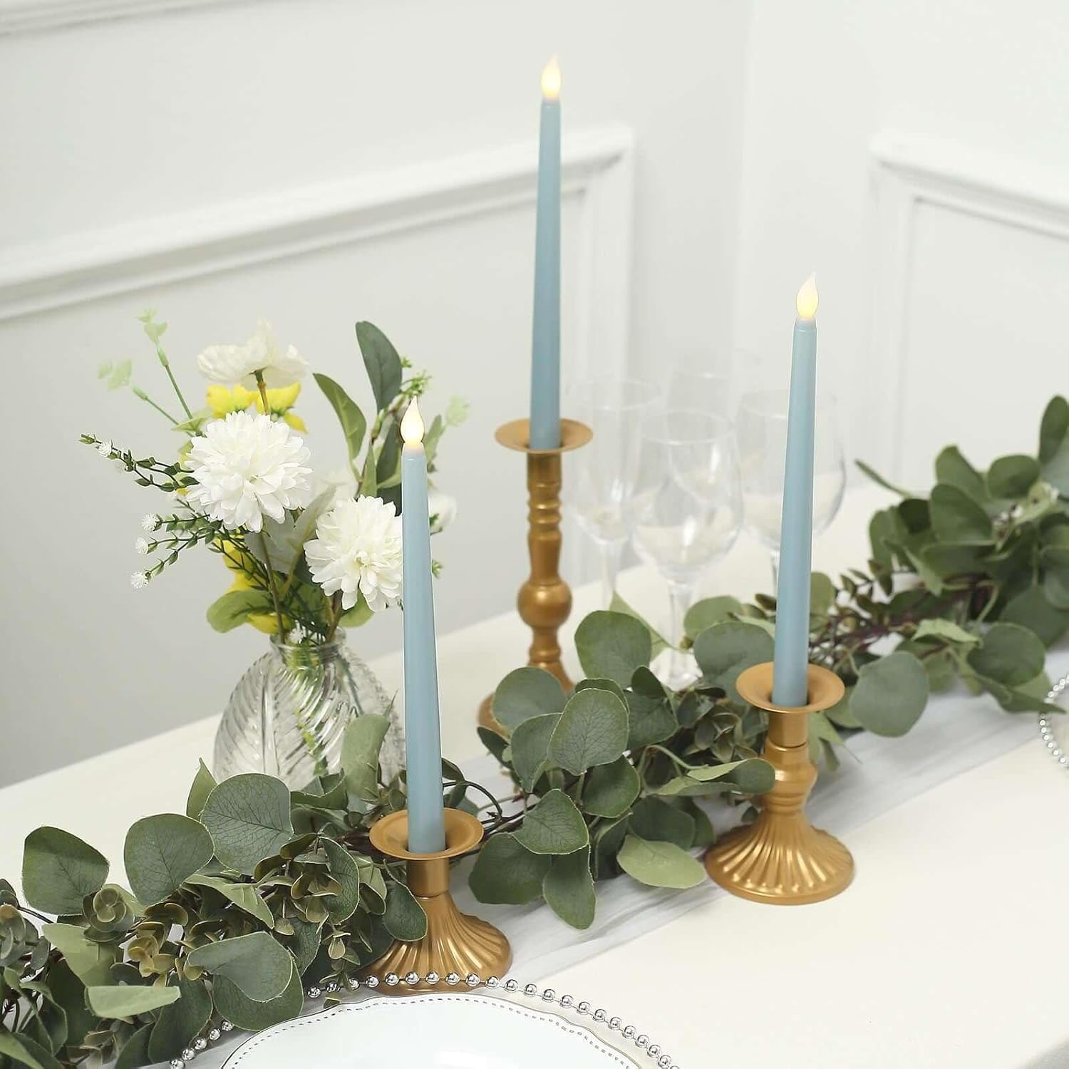 Tableclothsfactory Set of 3 | 11" Flickering Flameless Battery Operated LED Taper Candles Home Wedding Decor - Dusty Blue