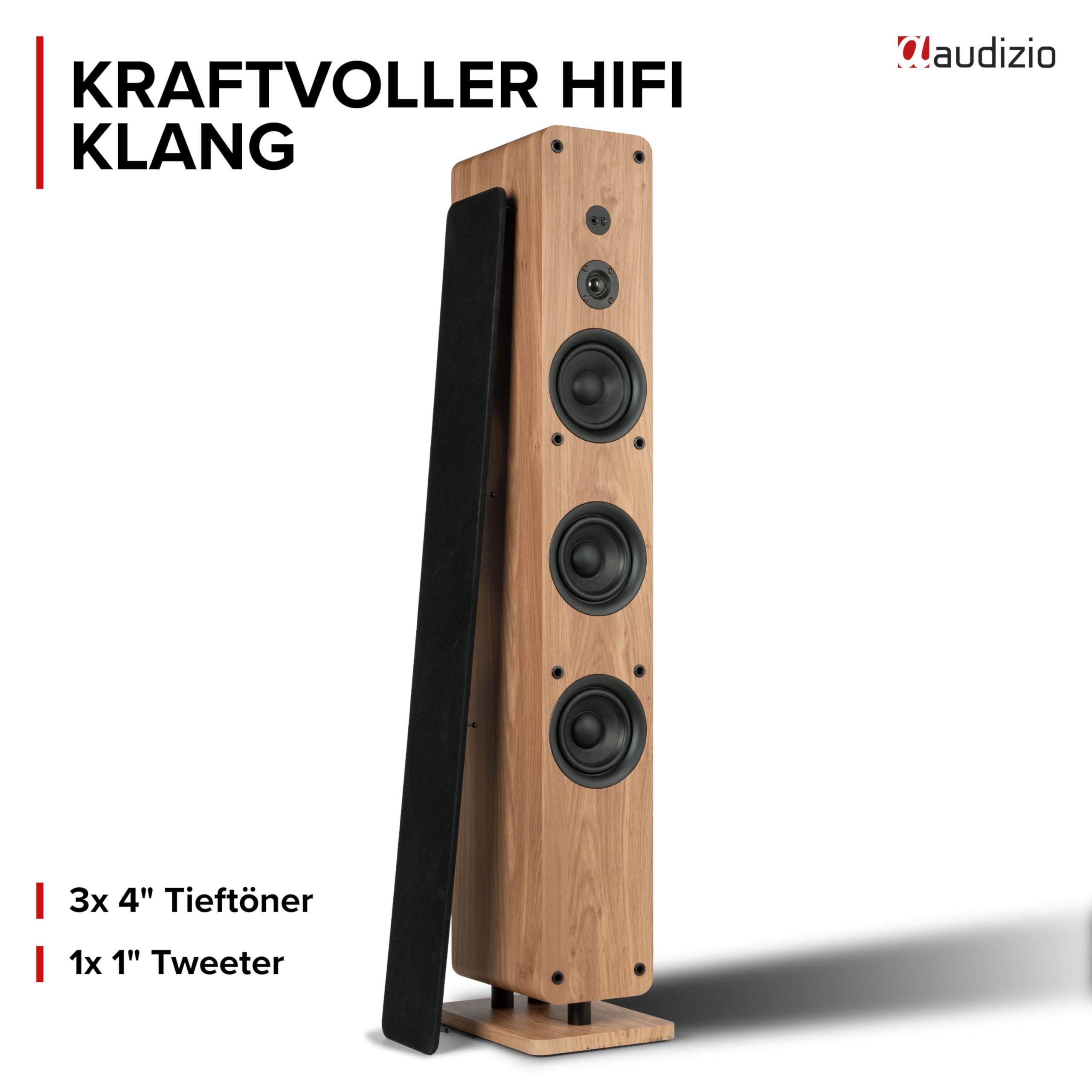Audizio Arco Standlautsprecher Aktiv 2er Set Bluetooth 5.4 DAB Radio 320 Watt HiFi Lautsprecher Musikanlage Heimkino Soundsystem LED Licht Holzoptik Braun