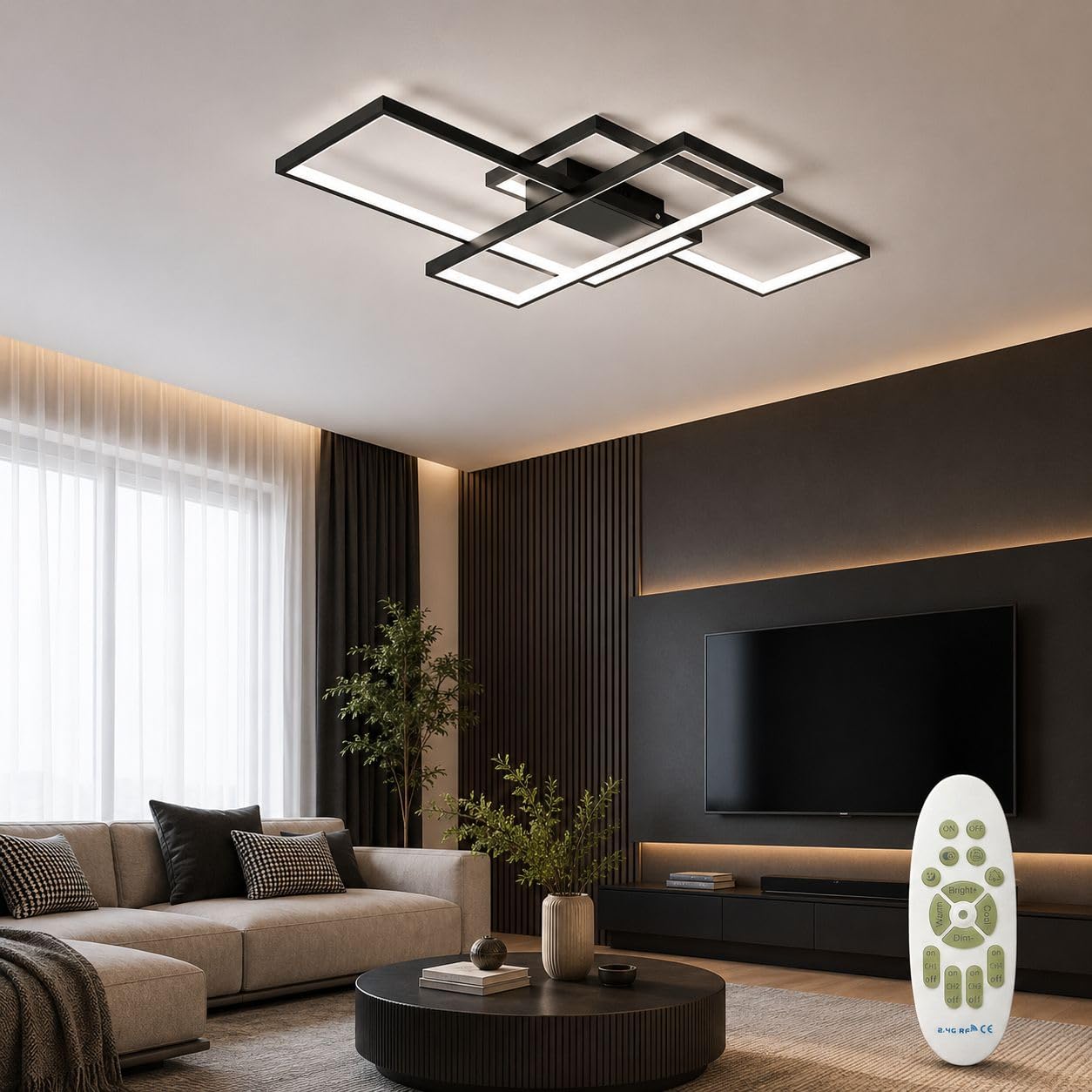 Geometrische LED Deckenleuchte, rechteckige Deckenlampe, Schwarz 80cm, 55W 5500 lm, 3000K bis 6500K, dimmbar 10 bis 100 Prozent, mit Fernbedienung, für Wohnzimmer Schlafzimmer Flur Büro, Deckenmontage
