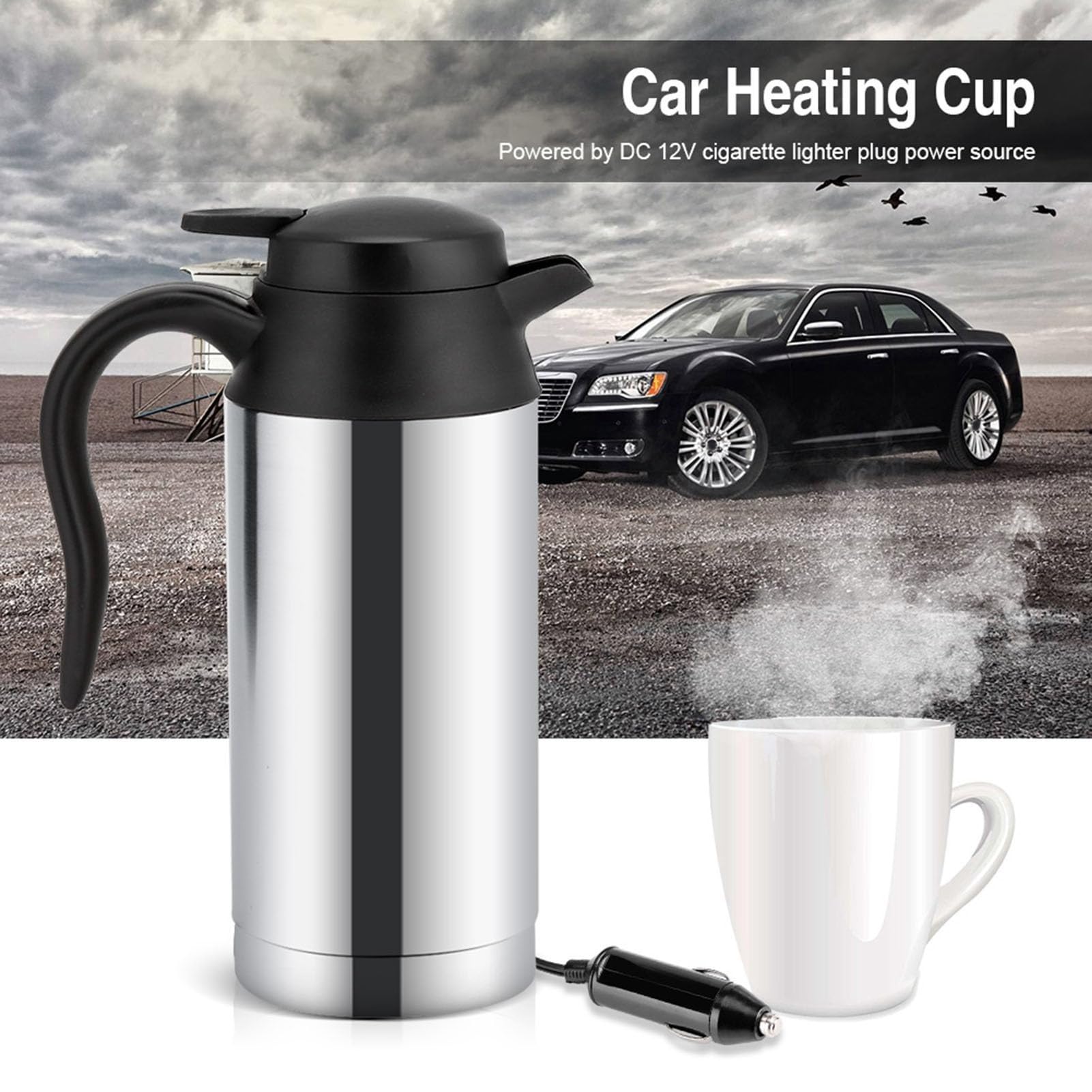 Generic Hervidor Eléctrico de Acero Inoxidable para Coche, 12V, 750ml, Taza Calefactora, Taza de café, Botella de Agua con Tapa Sellada, Segura y Duradera para Viajes, Ideal para Agua Caliente, té,