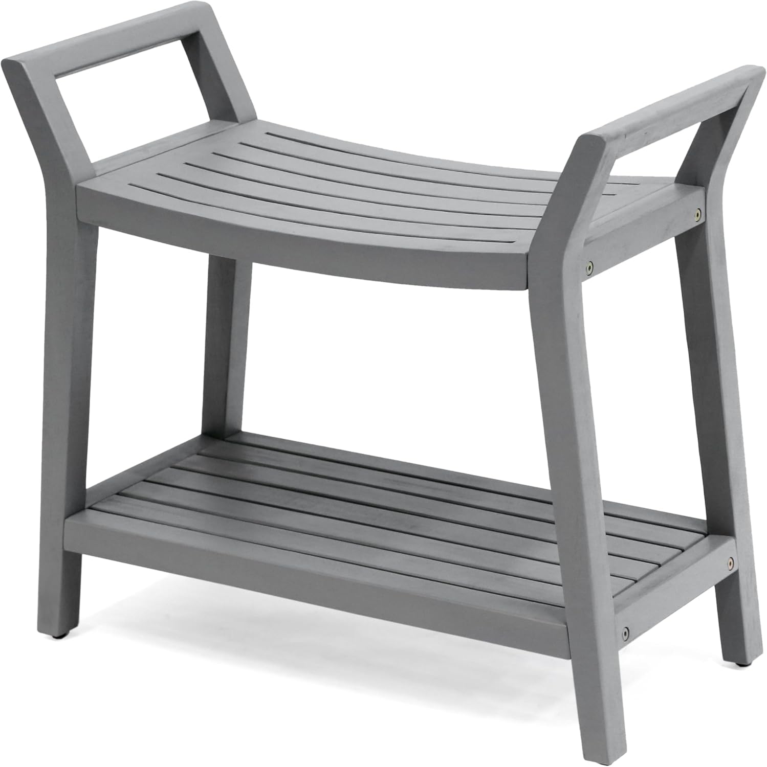 JONATHAN Y Orla 25.5" Gray Acacia Wood Shower Bench with 2-Tier Storage Shelf, 352 lbs Capacity, Waterproof Spa Bath Stool, Wooden Seat for Shaving Legs, Indoor & Outdoor Use STL1000G