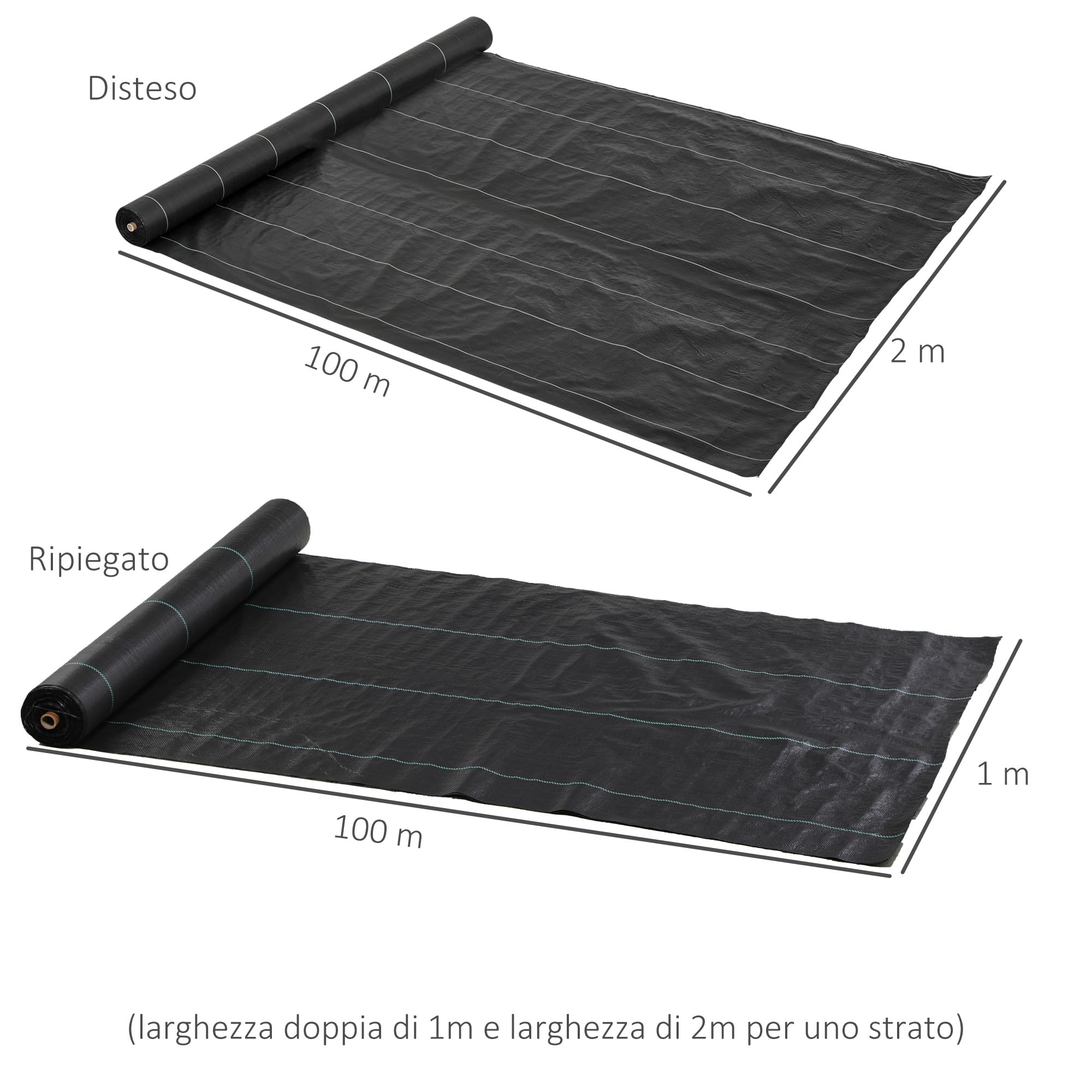 Outsunny Telo per Pacciamatura 100x2 m, Traspirante e Anti-UV, Telo Pacciamatura in Polipropilene, per Orto e Giardino, Nero