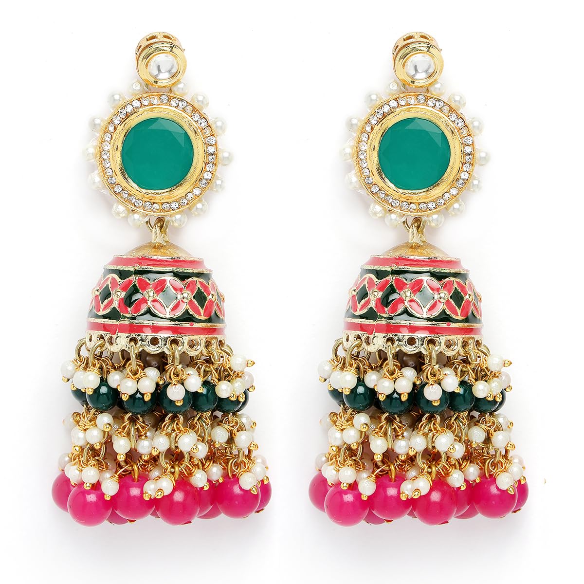 Karatcart Gold Plated Green and Pink Meena Polki Kundan Jhumki Earrings for Women