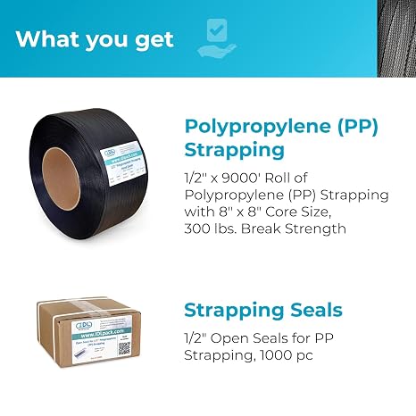 IDL Packaging Refill for 1/2 Polypropylene (PP) Strapping Kits for Packaging Strapping - 1/2 x 9000' Polypropylene Strapping Roll of 8 x 8 Core Size and 1000 of 1/2 Open Seals