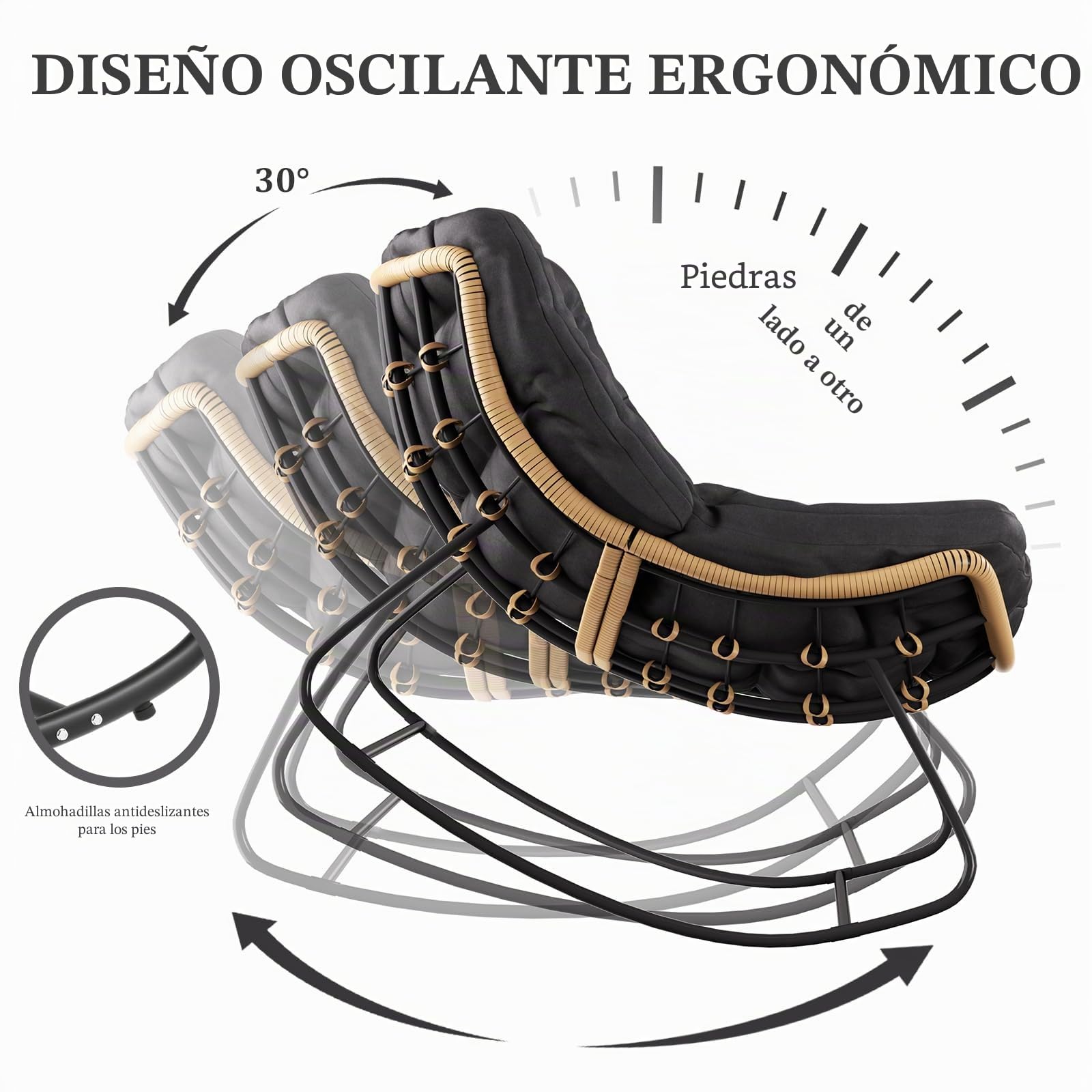 TWSOUL Mecedora para jardín, salón, relax, sillón de ratán, silla mecedora con acolchado, soporta hasta 150 kg, para jardín, dormitorio, salón, balcón (negro)