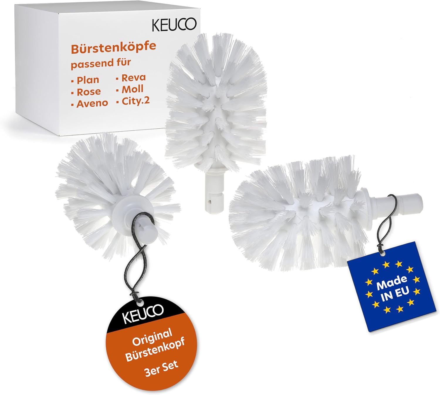 KEUCO Replacement Toilet Brush Head, Interchangeable, Set of 3, Loose, 12.7 x 6.9 cm, White, Original Manufacturer, Toilet Brush Replacement Brush Head