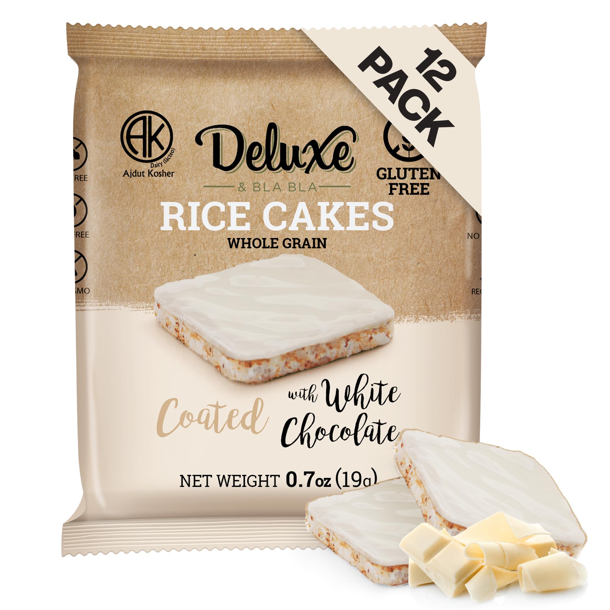 Deluxe & Bla Bla Chocolate Covered Rice Cakes 12 Pack – Whole Grain, Gluten-Free, Kosher, Low-Calorie Snack – Coated with White Chocolate – Healthy &