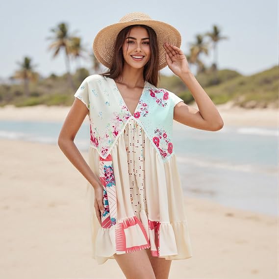 SOOKABEILA Womens Boho Mini Dress Y2k Floral Print Deep V-Neck Puff Sleeve Short Dress 2025 Summer Loose Beach Sundress
