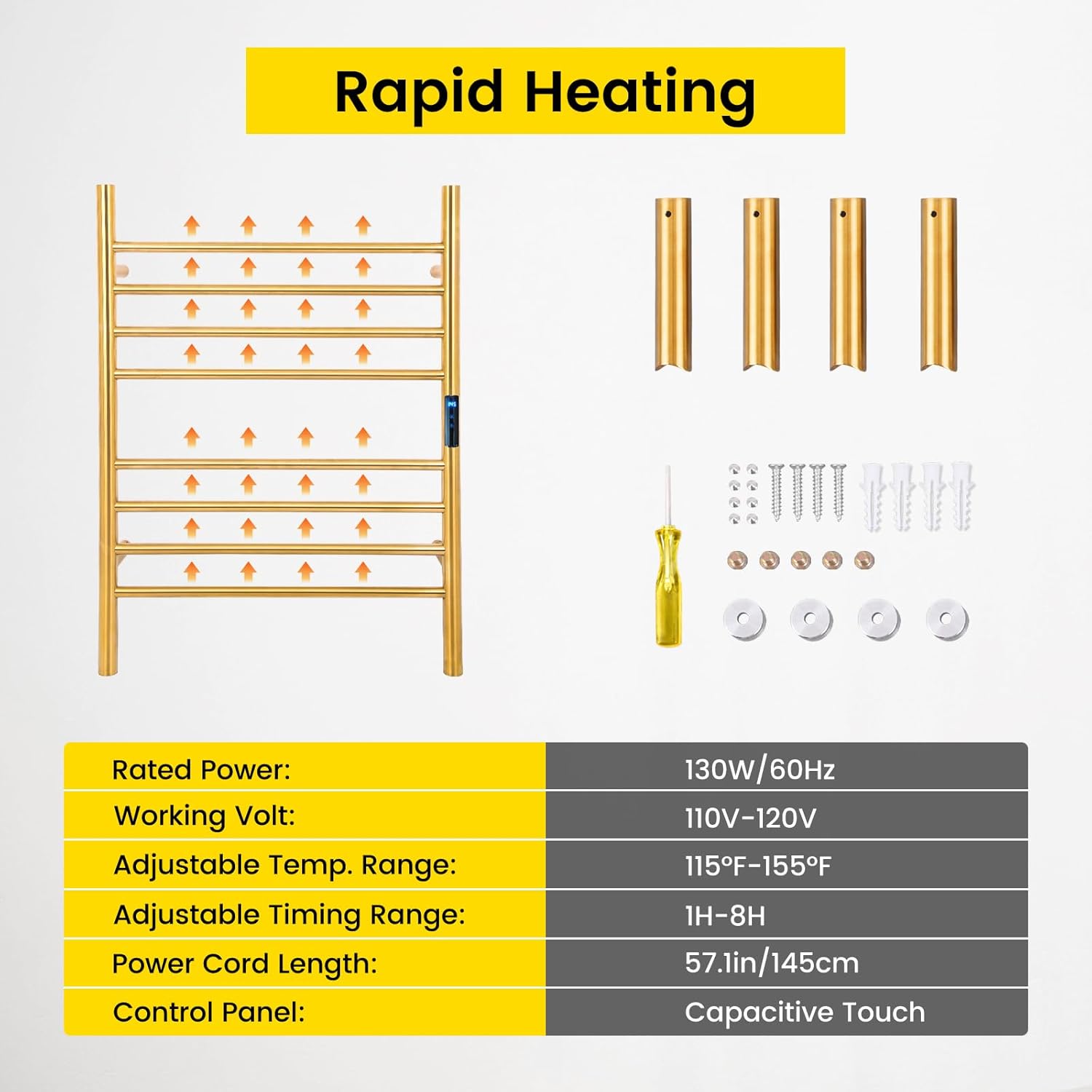 Heated Towel Racks for Bathroom 8-Bars, 23" Wall Mounted Electric Towel Warmer Racks with Timer & Temperature Control,Gold