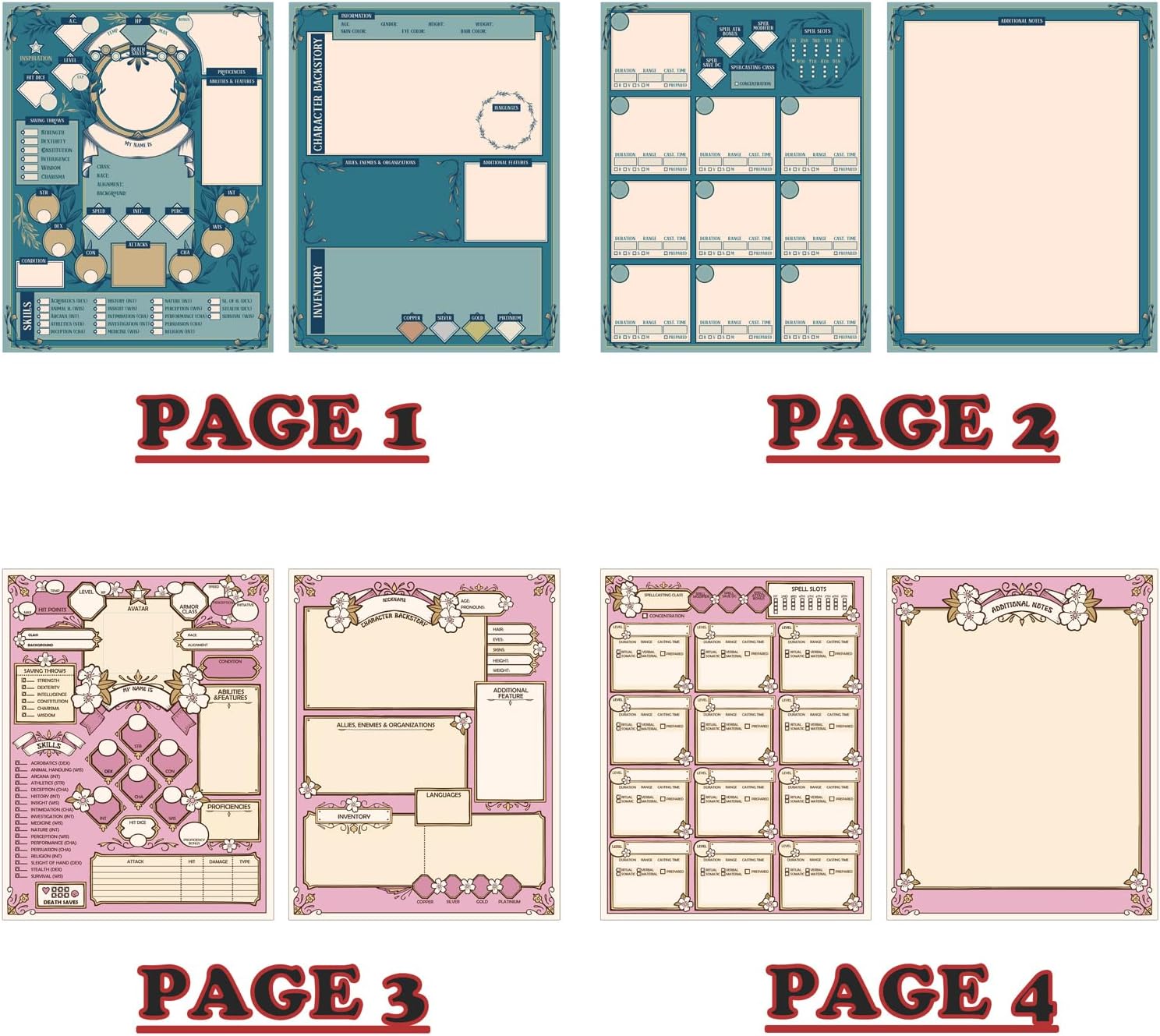 MAZERAN DND 5E Character Sheets, Plastic Wet Erasable Card Board Compatible with Dungeons Dragons 5e TTRPG Game Player, A4 Size Double Side Printing, 3 X 2 Styles for 6 Players Total 12 Pages