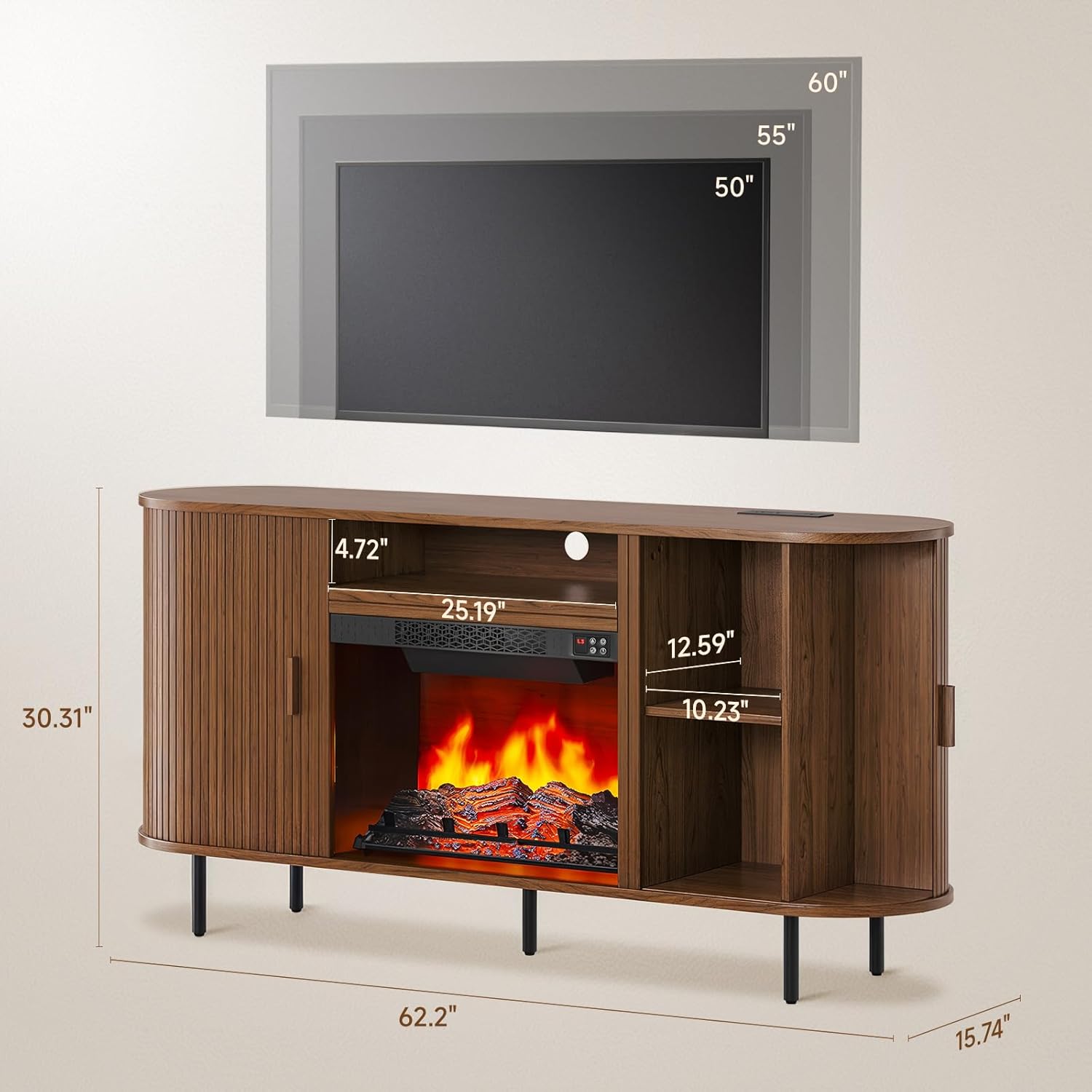 63" Fluted Fireplace TV Stand with 23" Electric Fireplace, Sliding Doors Entertainment Center for TVs Up to 70", TV Console with Power Outlet & Storage, Mid-Century Modern for Living Room, Walnut