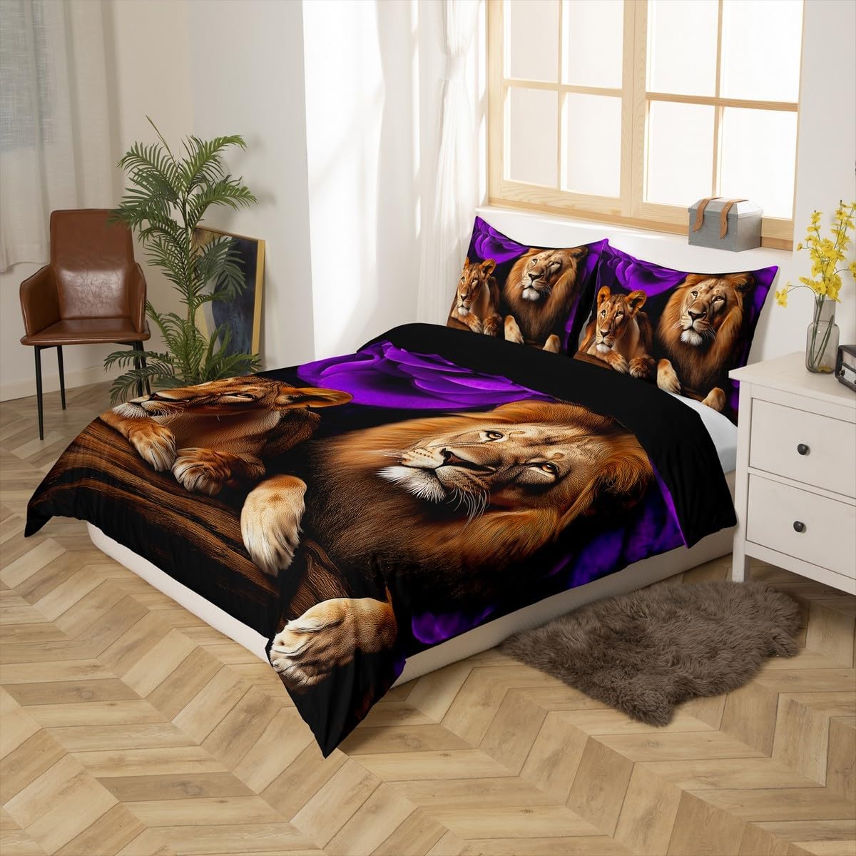 Erosebridal Lion Duvet Cover Purple Rose Bedding Set for Women Men,Wild Animal Flowers Comforter Cover Brown Big Cat Fur Hair Bed Set Queen,Woodland Wildlife Romantic Floral Room Decor