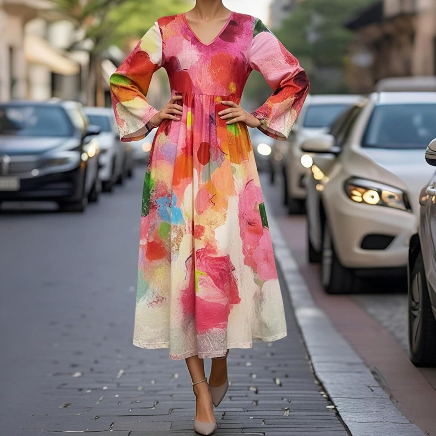Women's Elegant Bell-Sleeve Printed Long Dress Commuter Mom Dress