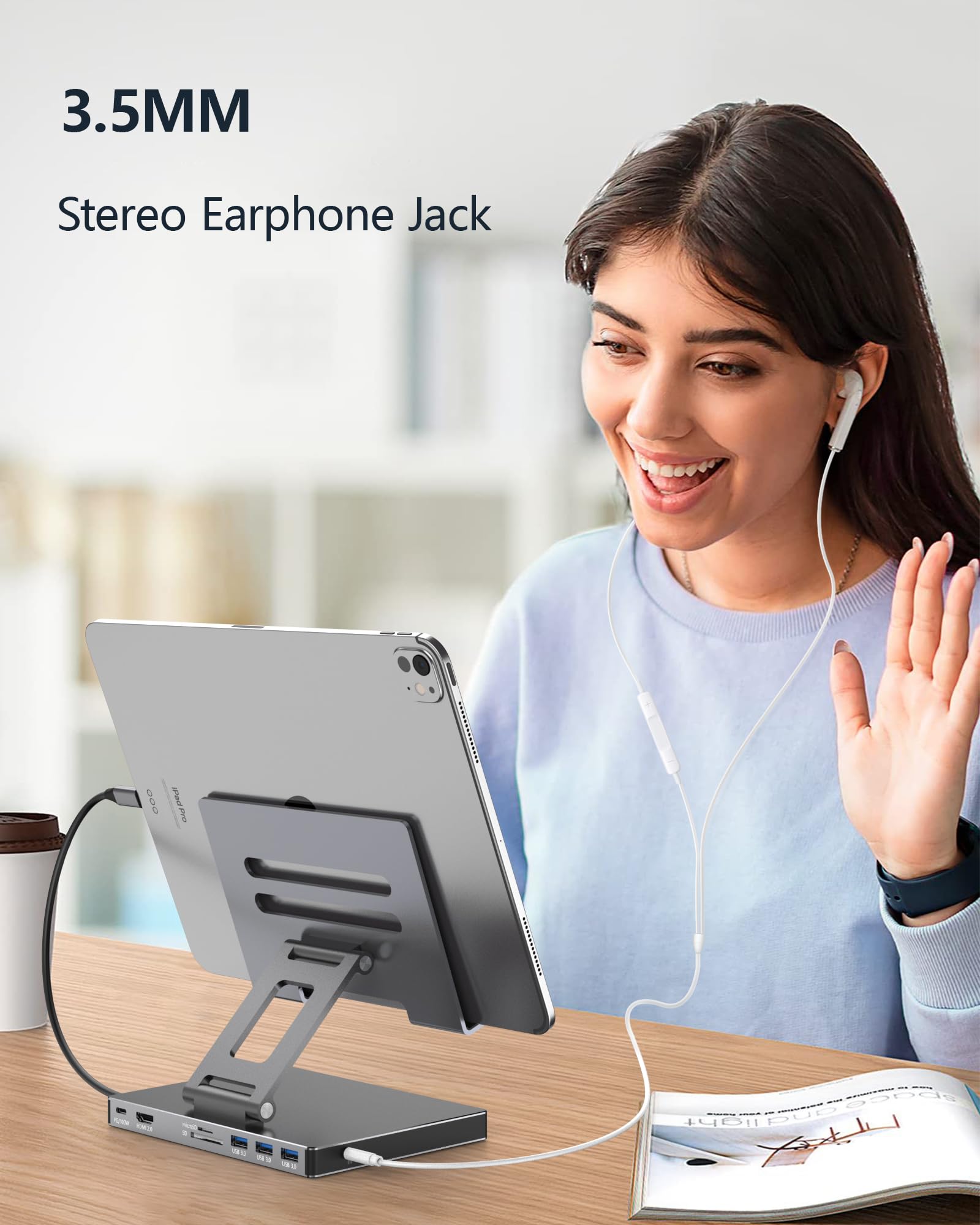 iPad Pro USB C Hub Stand, adattatore per iPad Pro M4 M2 M1 13 12.9 pollici iPad Air Docking Station Pieghevole con 4K60Hz HDMI, ricarica PD, lettore di schede SD/TF, 3 USB 3.0, audio da 3,5 mm (ST801)