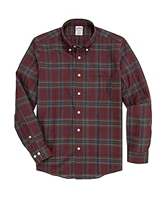 Cotton Madras Polo Button-Down Collar Shirt: Dark Red 330002184