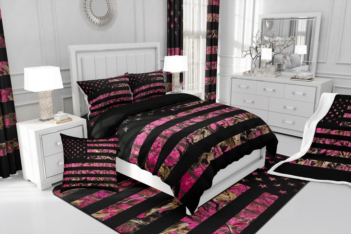 Feelyou American Flag Bedding Set Queen Hot Pink Camouflage Comforter Cover Set for Boys Branch Hunting Duvet Cover Breathable Camouflage Hunter Bedspread Cover Room Decor Quilt Cover,No Comforter