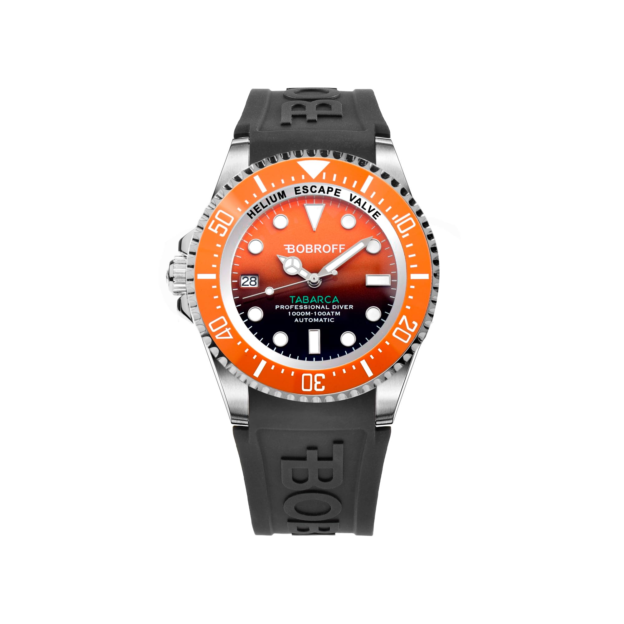 Bobroff Orologio Subacqueo Professionale Uomo Automatico 1000 M - Arancio Con Valvola Elio E Cinturino In Gomma - 4