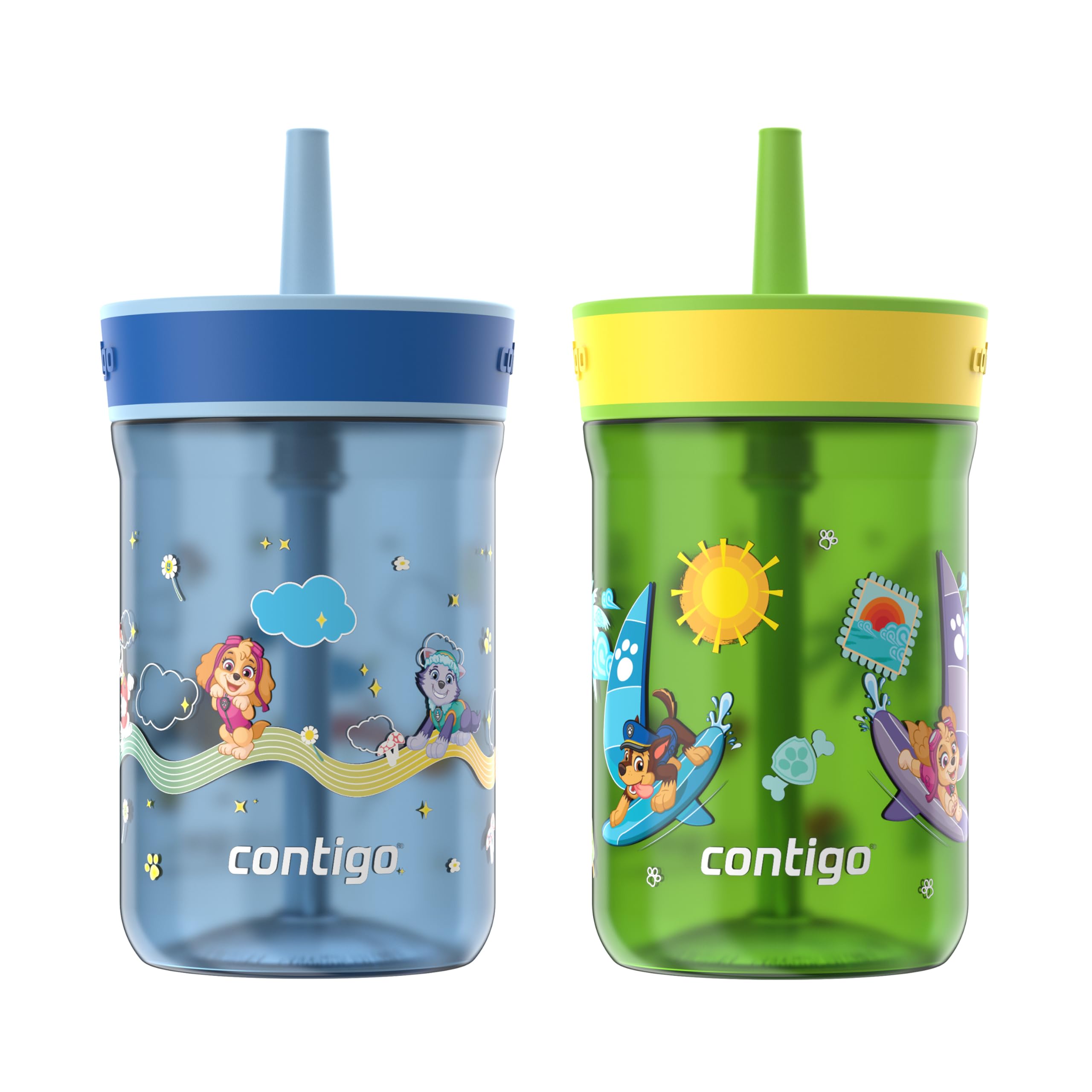 Contigo Leighton Gobelet avec paille, 414 ml, vert citron frais Paw Patrol (paille changeant de couleur) ; Glacier Paw Patrol (corps changeant de couleur)