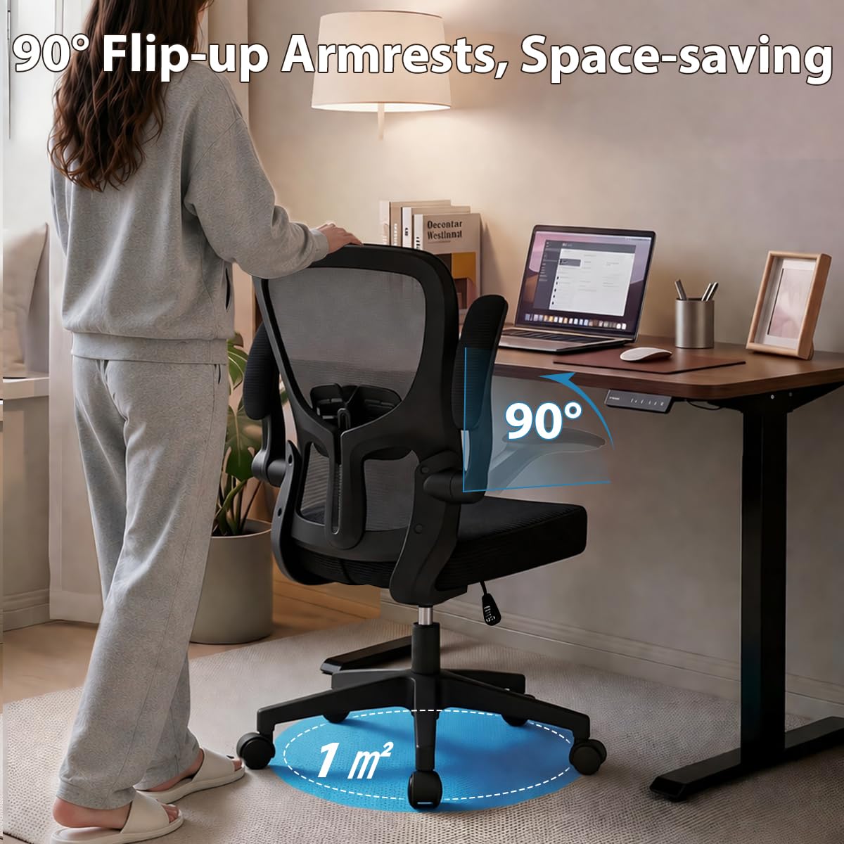 Durrafy Sedia da Ufficio Ergonomica, Braccioli Ripiegabili 90°, Supporto Lombare Regolabile, Rete Traspirante, 130° Inclinazione（Non bloccabile）, 130kg Carico
