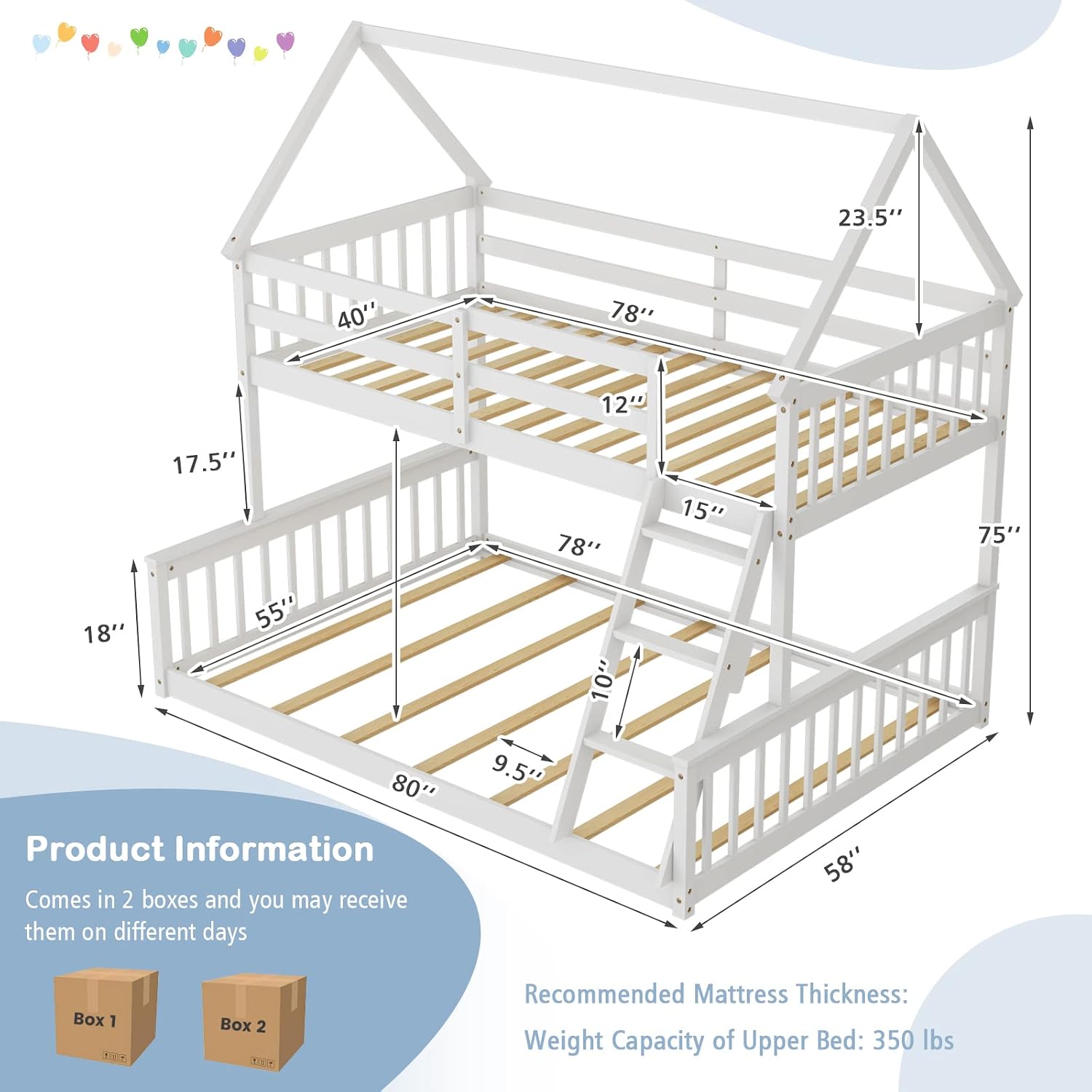 Diagram showing the dimensions of the KOMFOTT Twin Over Full House Bunk Bed, including height, length, width, and ladder details. Also indicates two shipping boxes and weight capacity.