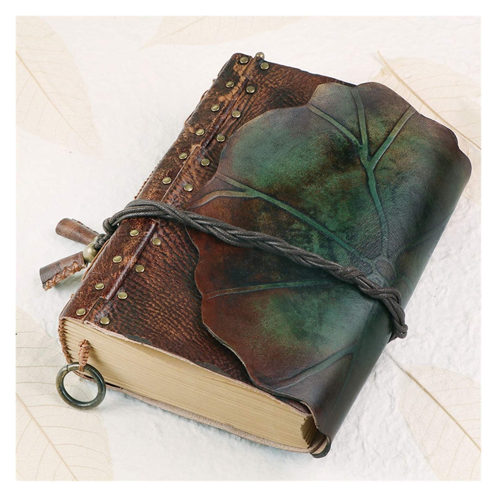 Cahier Journal Lotus Feuille Notebook en Cuir Haut de Gamme Retro Trade Notepad Compte Main Épaississement Creative Nostalgic Diary Bureau et Maison (Taille : 5.90 * 8.26in)