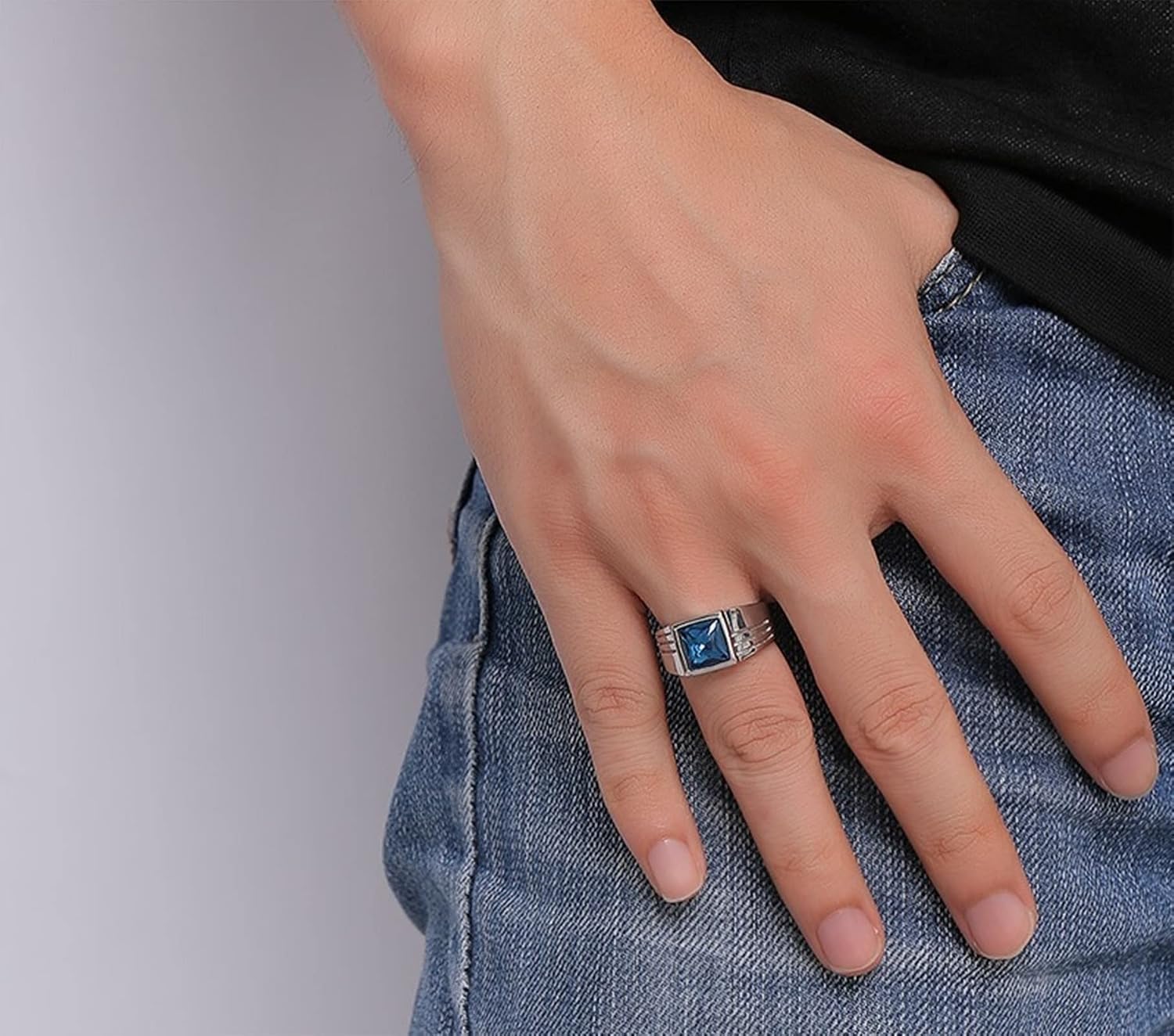 Matching Rings for Couples Stainless Steel Silver Ring Hollow Heart Square, Blue Zircon Oval 925 Silver Couple Rings image 5