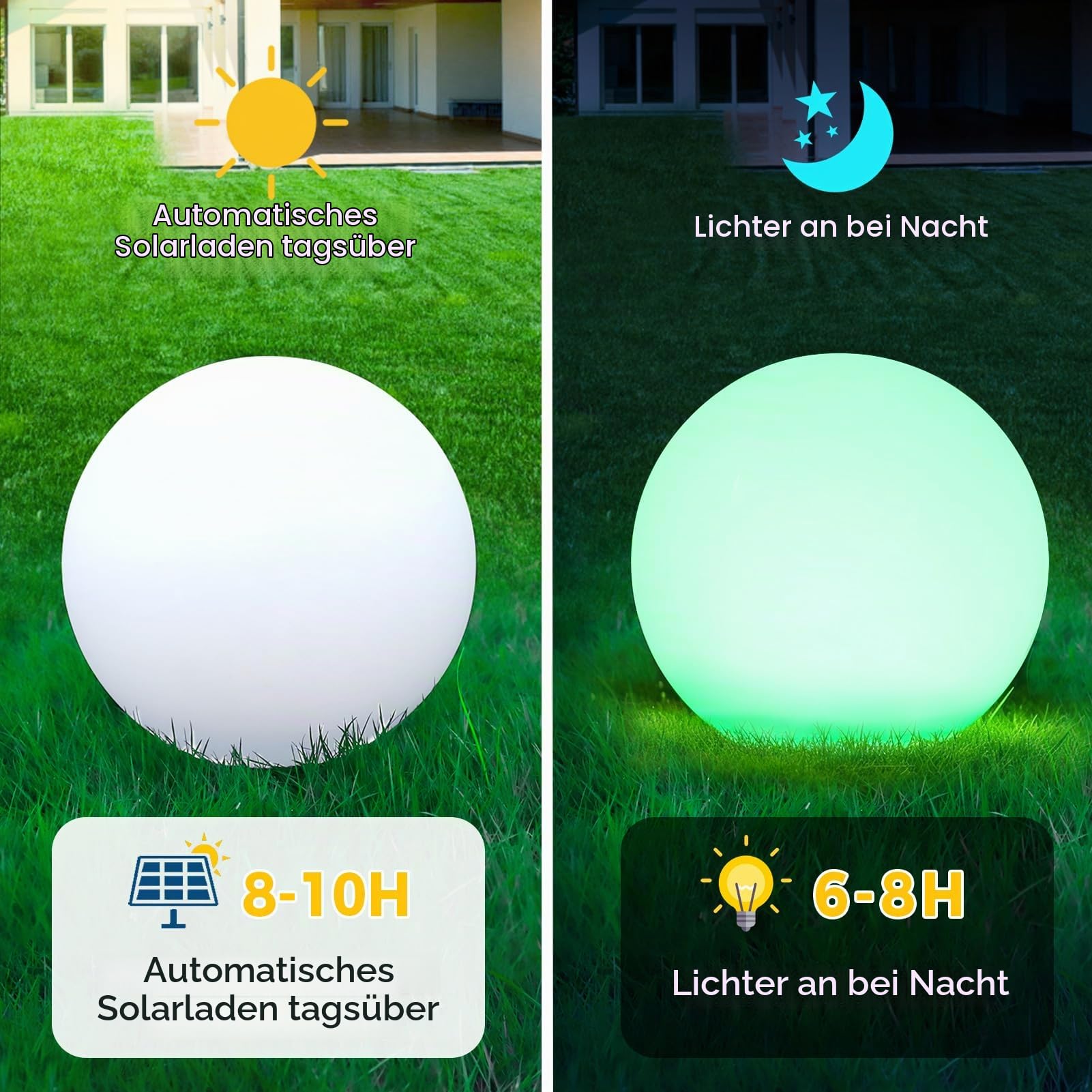 2PCS WRGB LED Solarleuchte für Garden, 30cm Solarlampe Kugelleuchte mit Fernbedienung, 16 Farbwechsel, 1200mAh Type-C Aufladbar Wasserdicht Kugellampe für Teich Balkon Rasen Patio Innen Terrasse IP66