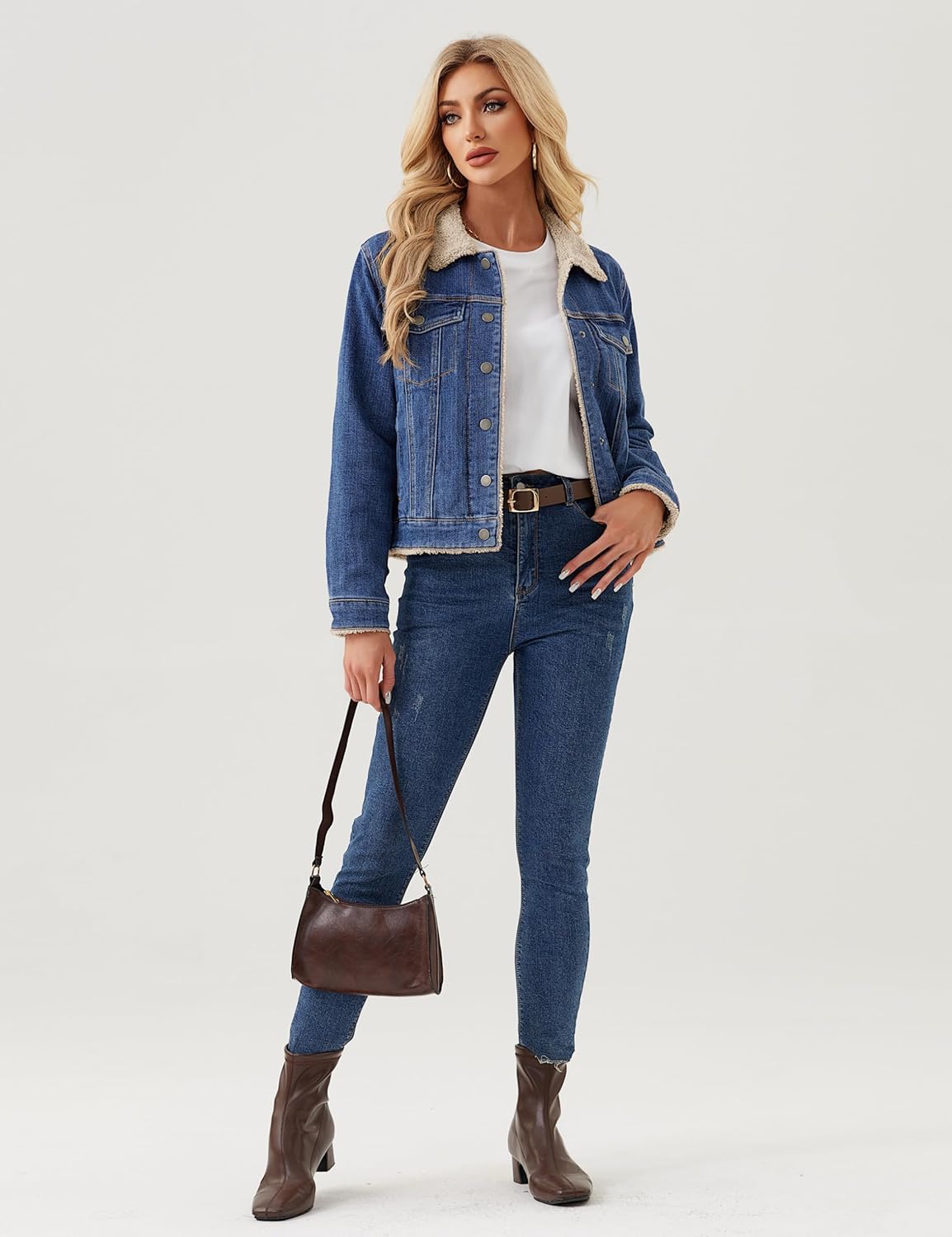 YUCOLEN Women's Denim Jacket Sherpa Lined Fleece Jean Coat Fur Collared Warm Button Down Trucker Jackets with Pockets - Image 7