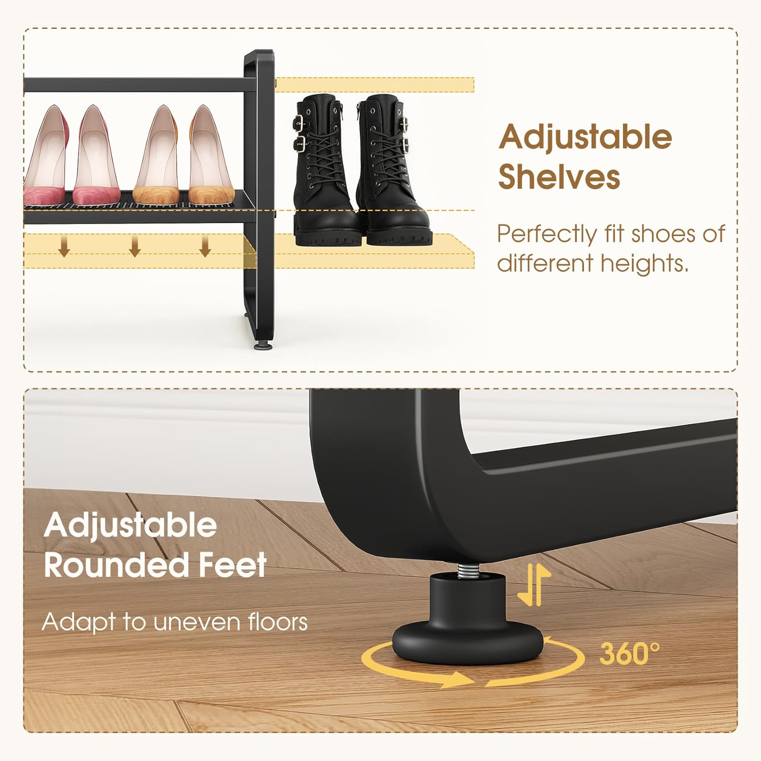 SAYZH Expandable Shoe Rack for Closet, Adjustable Metal Shoe Organizer with Sturdy Mesh Shelves for Boots & Heels, Stackable Shoe Storage for Entryway, Garage, Small Spaces (Black, 2-Tier)